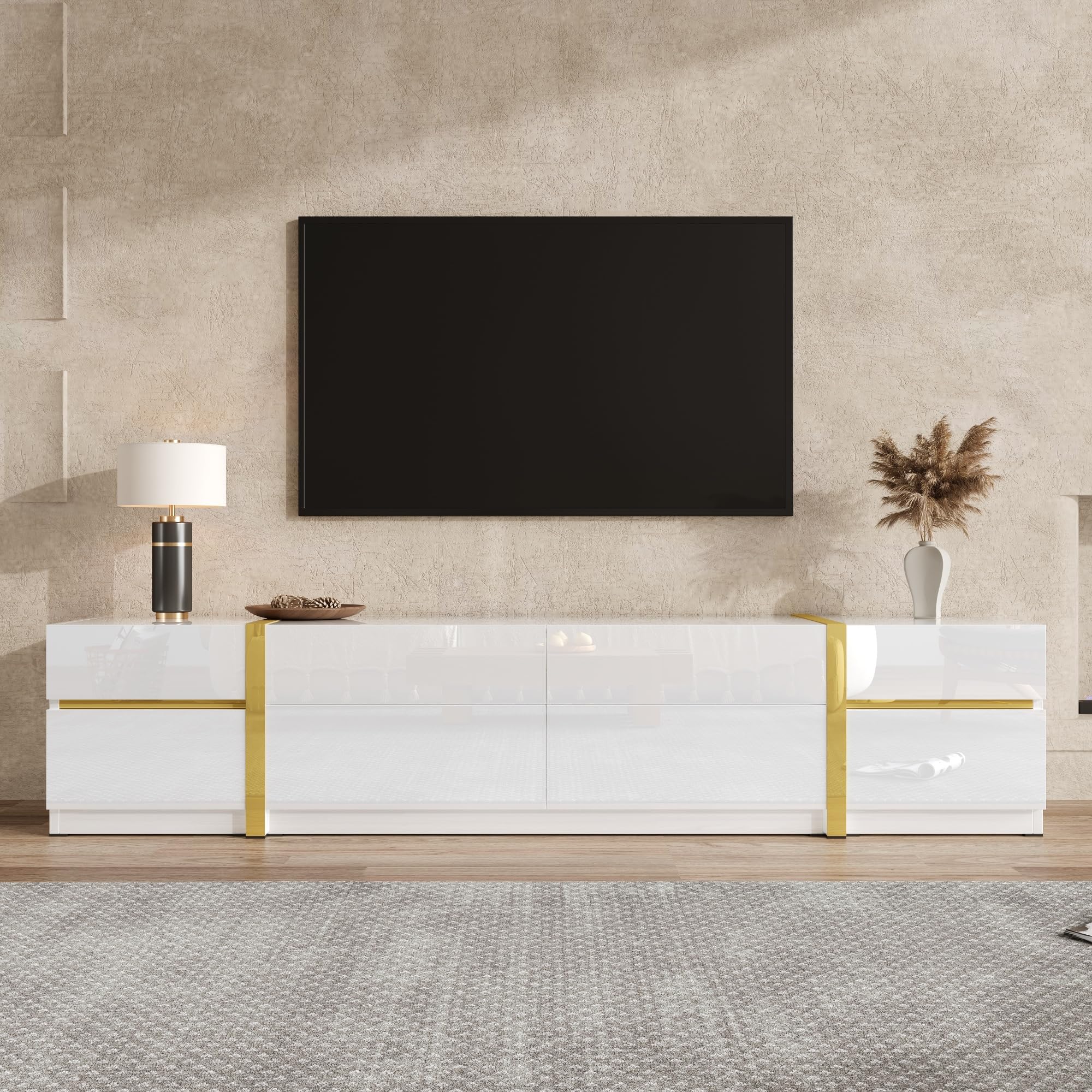 Meuble bas blanc brillant avec accents dorés - Meuble TV bas avec 4 tiroirs et 2 portes - Meuble TV pour grands téléviseurs - Buffet TV moderne pour salon - 180 cm