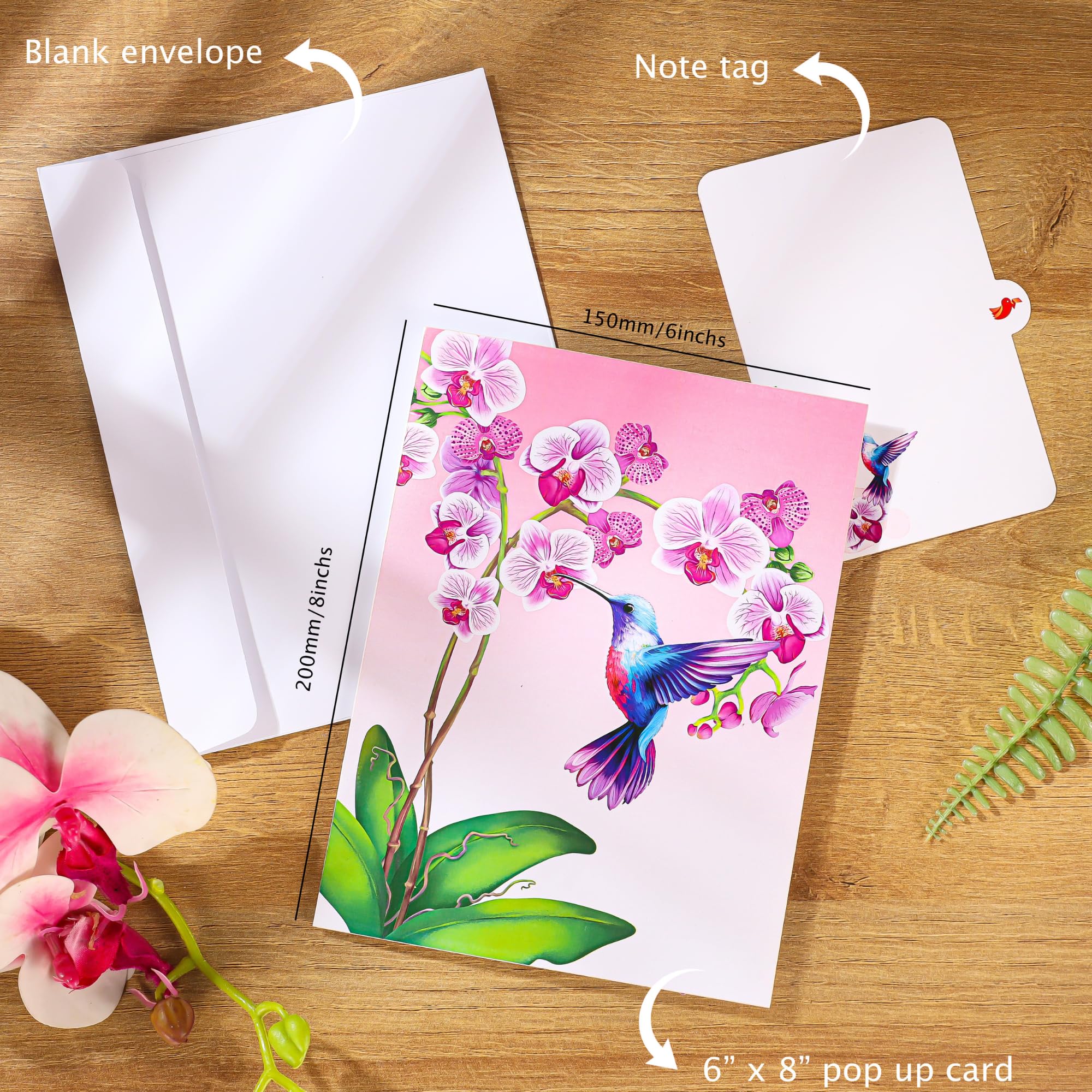 Tarjeta desplegable de colibríes y orquídeas moradas, tarjeta de San Valentín 3D, tarjeta de cumpleaños desplegable para mujeres, mamá, tarjeta emergente del día de la madre, pensando en ti, todas las