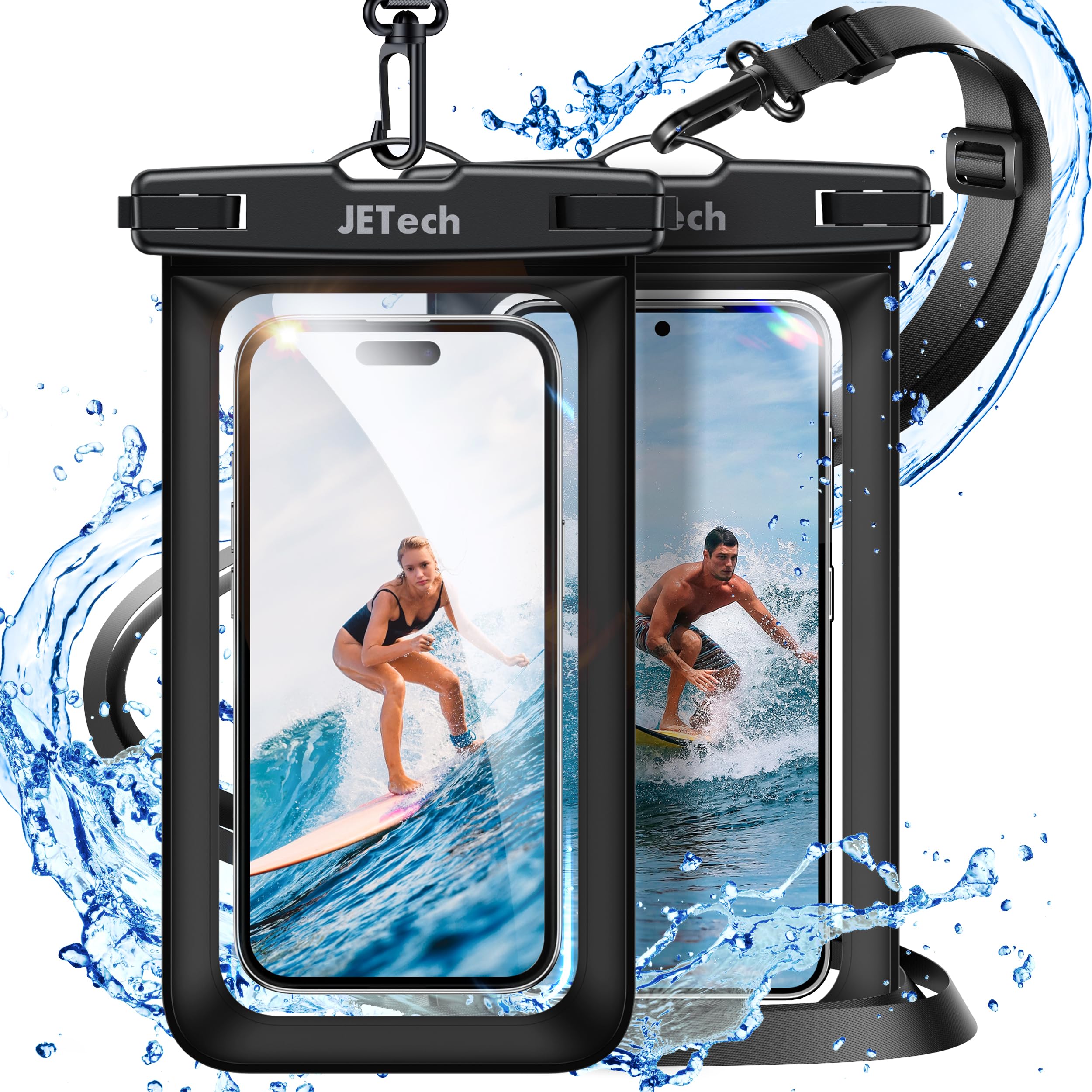 JETech Custodia Impermeabile Smartphone, 2 Pezzi Cover per iPhone 16e 16 15 14 13 Pro Max Plus, Galaxy S25 S24 Ultra, Pixel 10 Serie e Altri Fino a 7,2", IPX8 Borsa Asciutta (Nero+Nero)