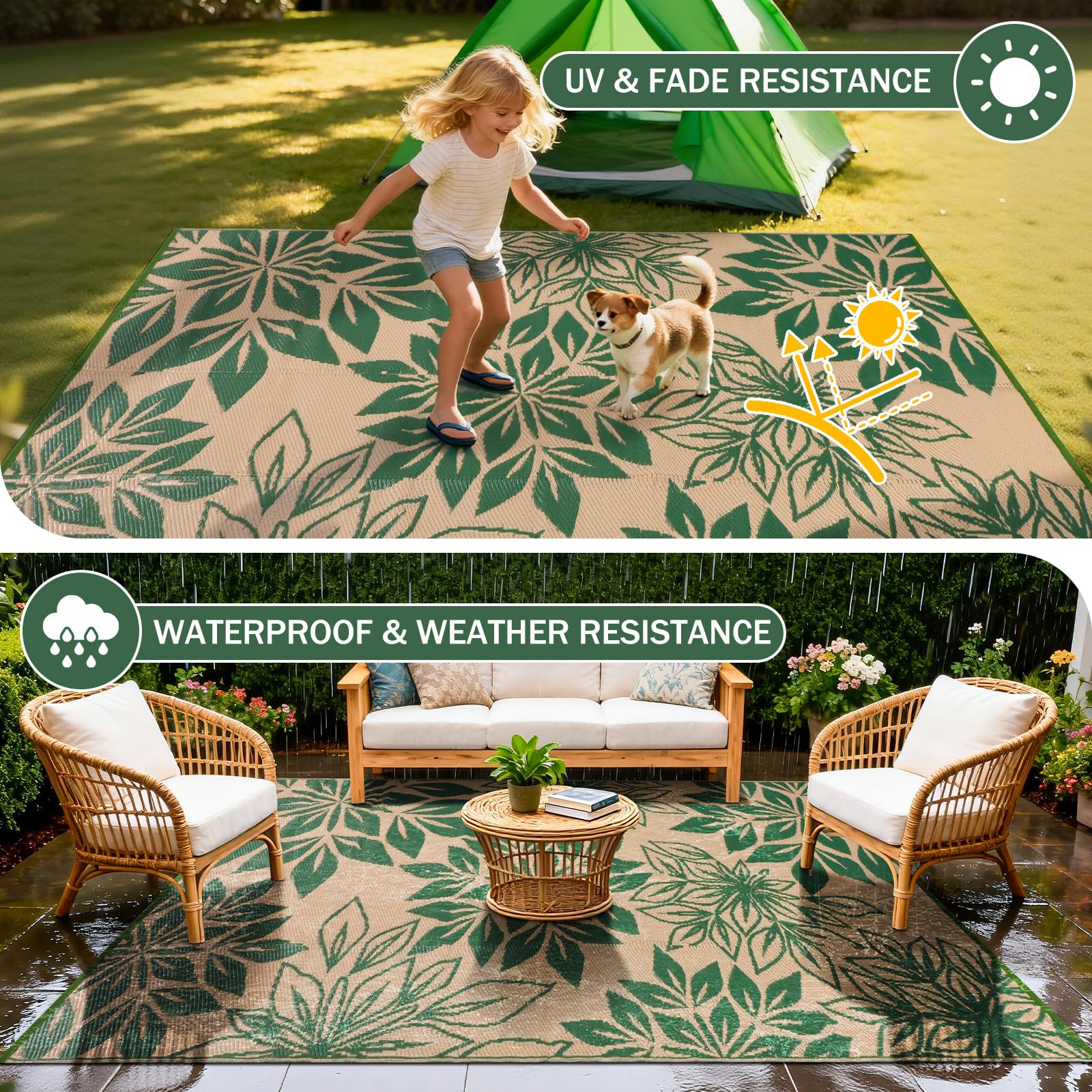 Tappeto da Esterno Impermeabile UV 150x245 cm Verde Reversibile per Terrazza Balcone
