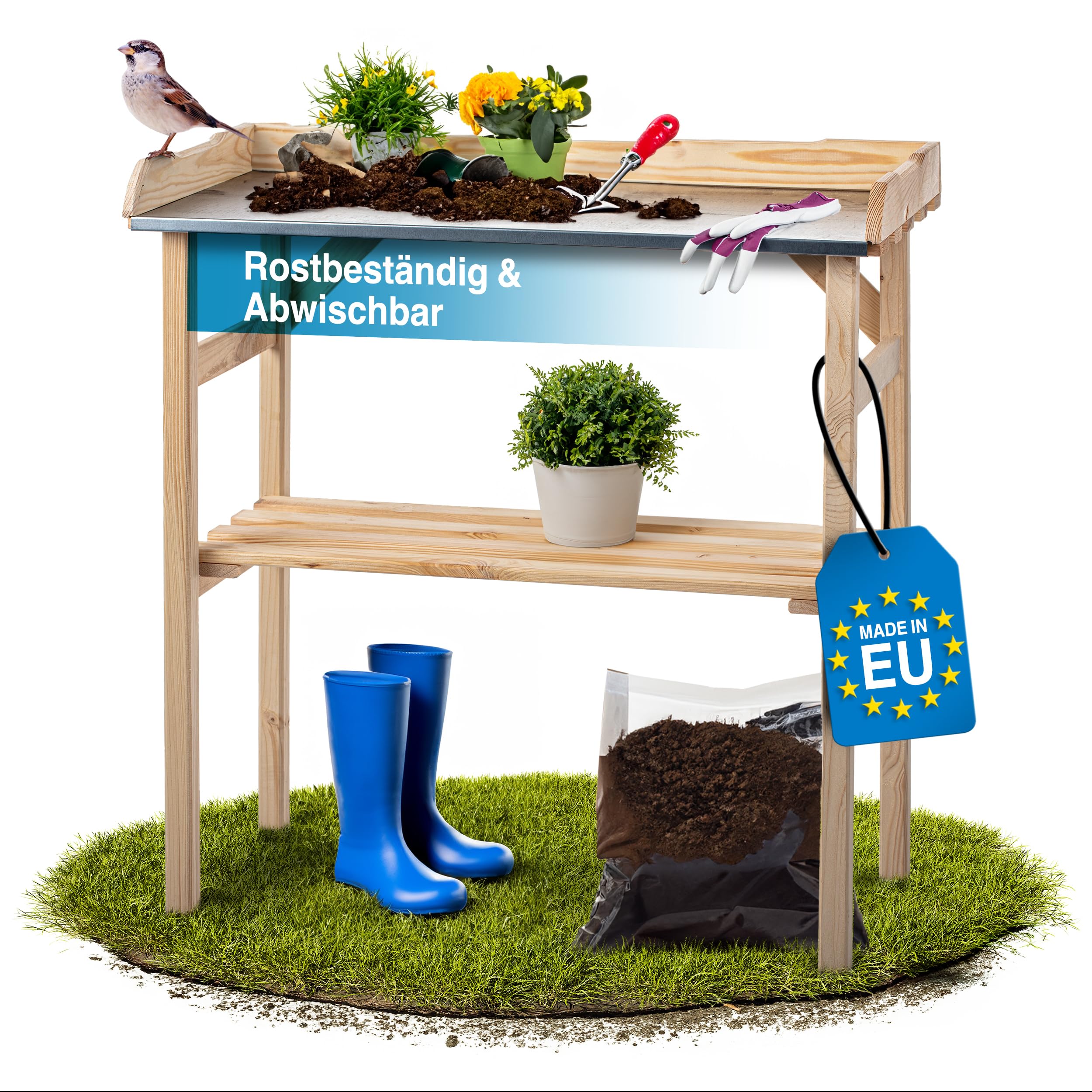 Mesa para Plantas de Exterior Resistente a la Intemperie - Duradera y Robusta Con Encimera Galvanizada - Mesa de Madera para Plantas