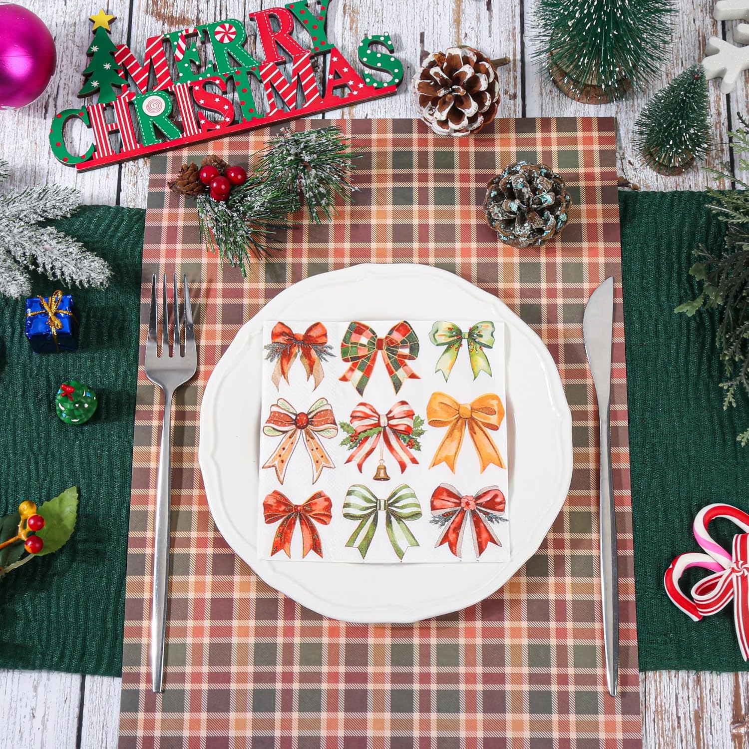 100pcs Christmas Paper Napkins Xmas Bells Bow Luncheon Napkins Disposable Christmas Tableware Xmas Napkins Holiday Decorative Napkin for Holiday Party Supplies (5 x 5 Inch)