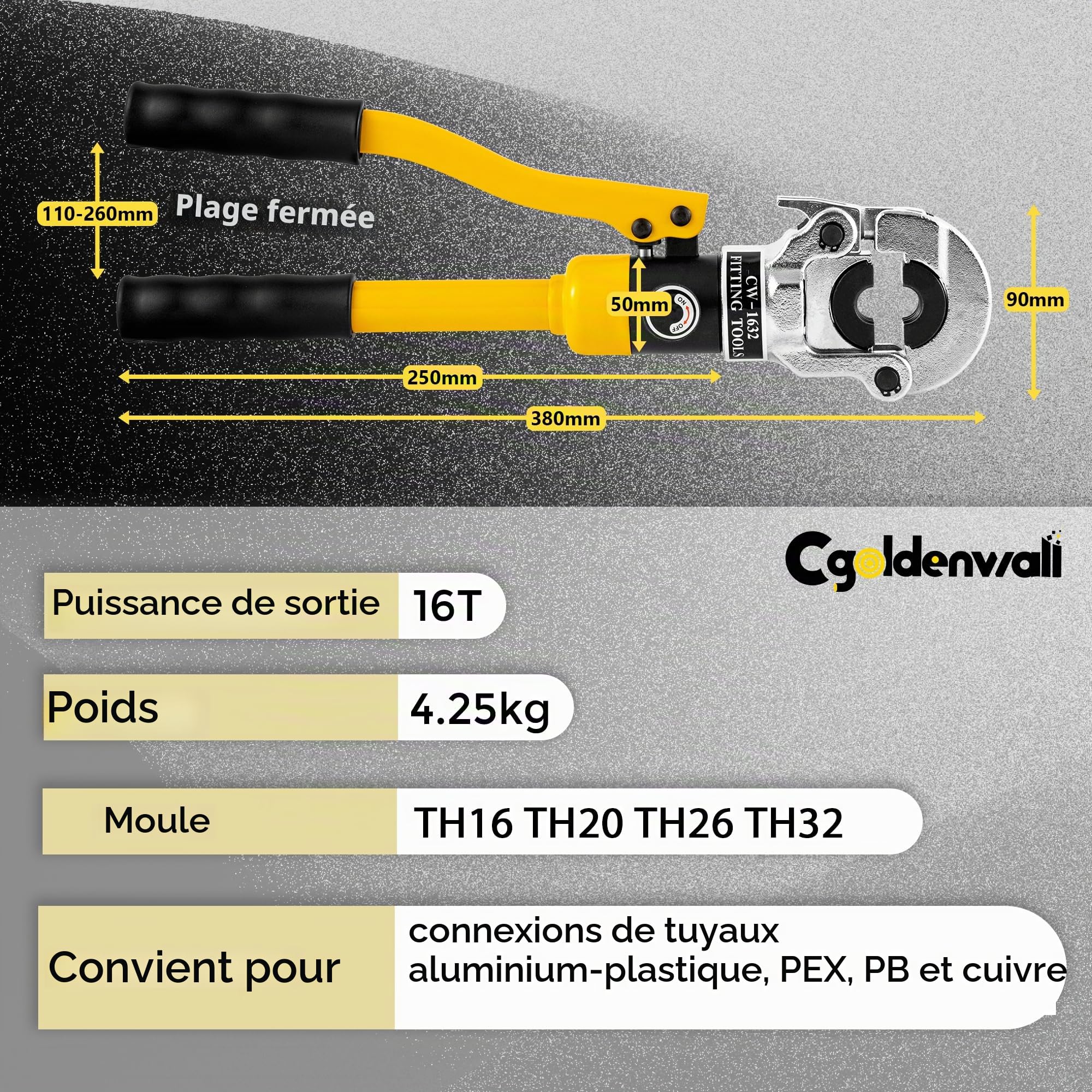 CGOLDENWALL Pince à Sertir Multicouche avec Contour TH16 20 26 32 | 4 Matrices Th Interchangeables, Tête De Sertissage 360° Rotative – Pour Tuyaux Pex, Pb Et Aluminium-Plastique