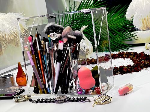 Miniatura 4 de VASERDDY Organizador de maquillaje acrílico, caja de almacenamiento de brochas cosméticas transparente con 3 soportes para cepillos, soporte para