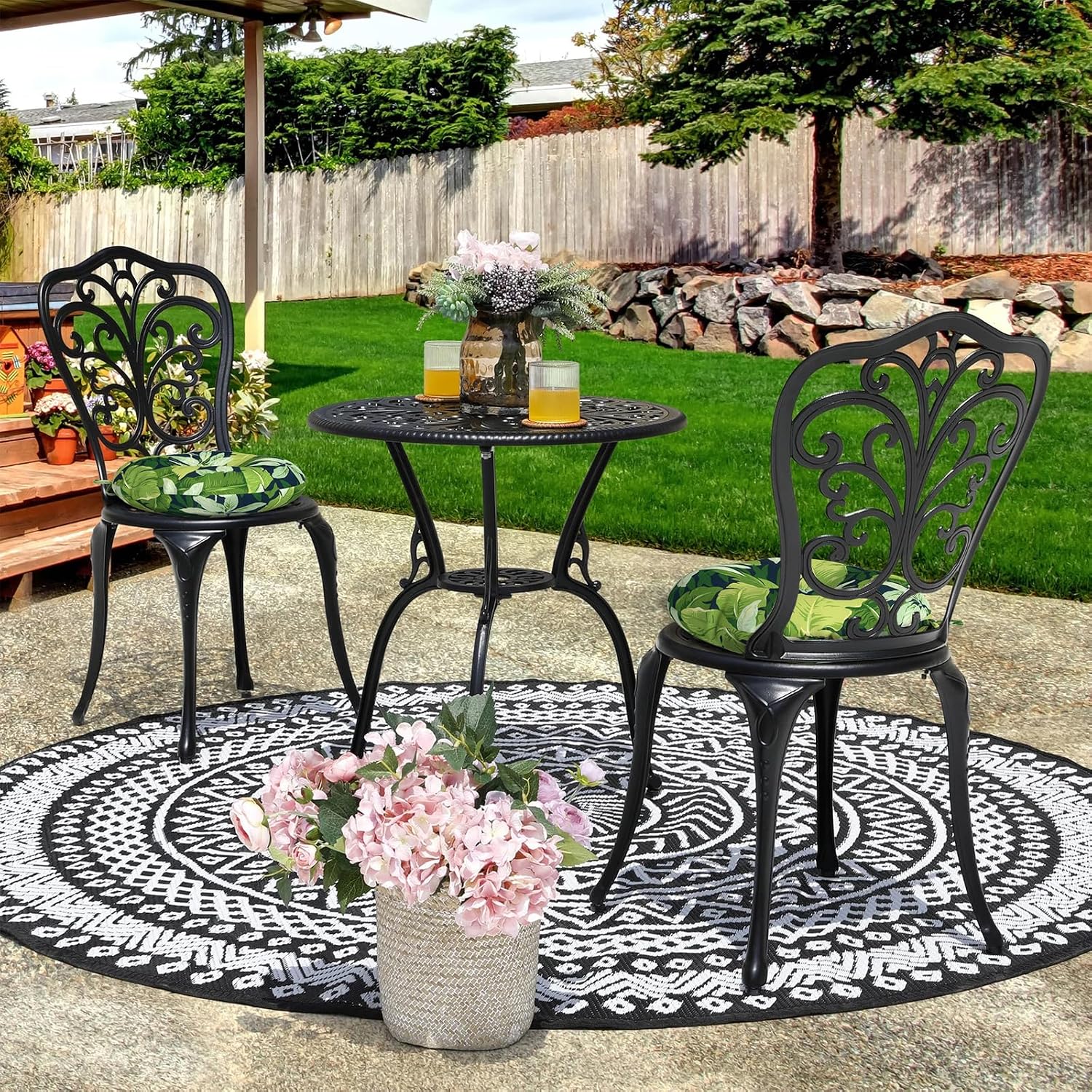 DYTXIII Set of 2 Outdoor Round Chair Cushions 15"x15"x4" with Ties, Water Repellent Tufted Bistro Seat Cushions, Thick Patio Chair Pads for Bar Stool, Garden & Dining Furniture - Jungle Leaves