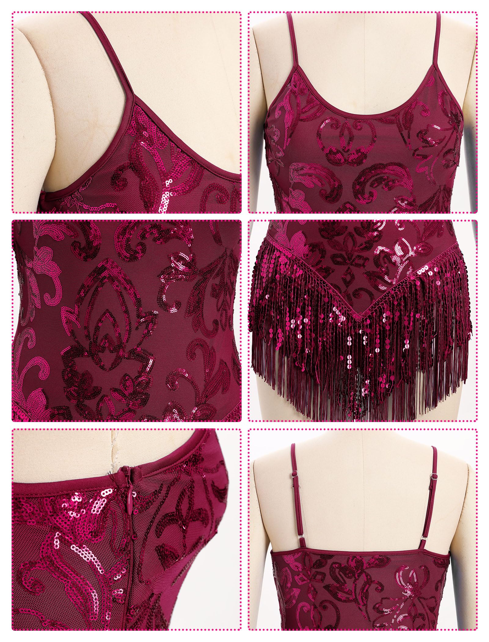IBAKOM Women Sexy Sequins Fringe Bodysuit Sparkly Tassel Latin Jazz Dance Acrobat Costume Adult Trapeze Artist Rave Outfits: Wine Red Large