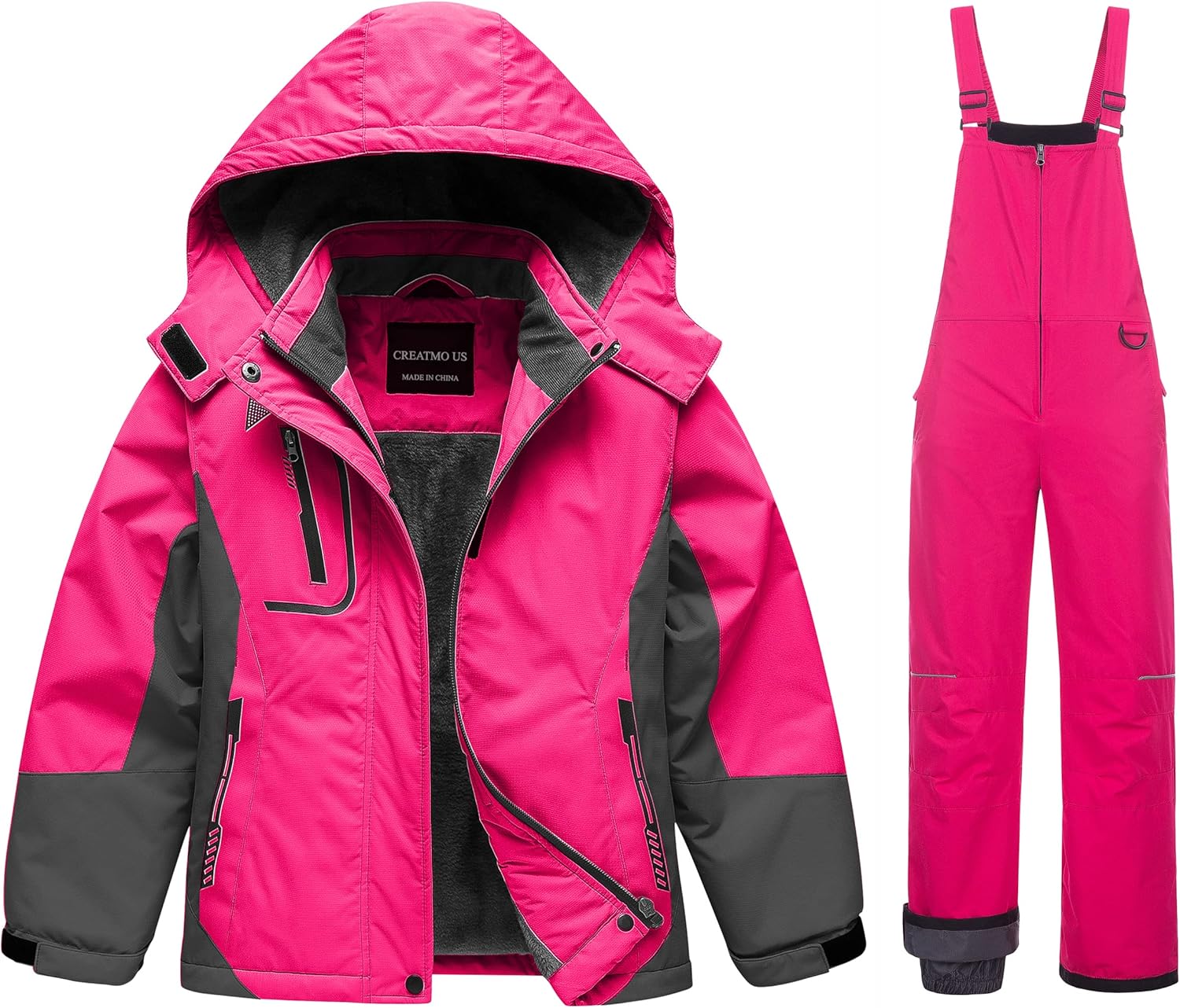 CREATMO US Kid's Girl's Waterproof Ski Snow Jacket Winter Windproof Rain Jacket Snow Bibs Pants Sets Rose Red Size 6/7