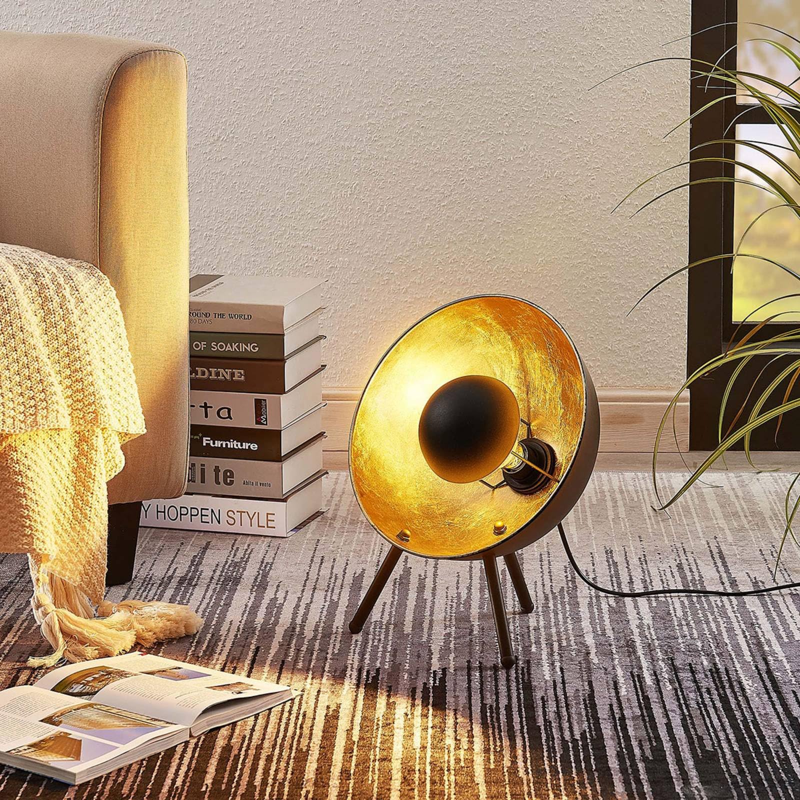 Lindby lámpara de mesa en negro, oro, mesita noche | lámpara de mesa, e27, moderno para sala de estar, salón, comedor