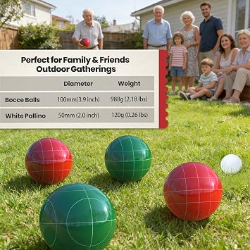 Bocce Ball Set 100mm Regulation Size and Weight for Lawn, Beach Bocci Game Sets for 2-8 Players (Red and Green)