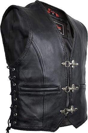 Mens biker motorcycle leather vest with buckles in black