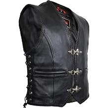 Mens biker motorcycle leather vest with buckles in black