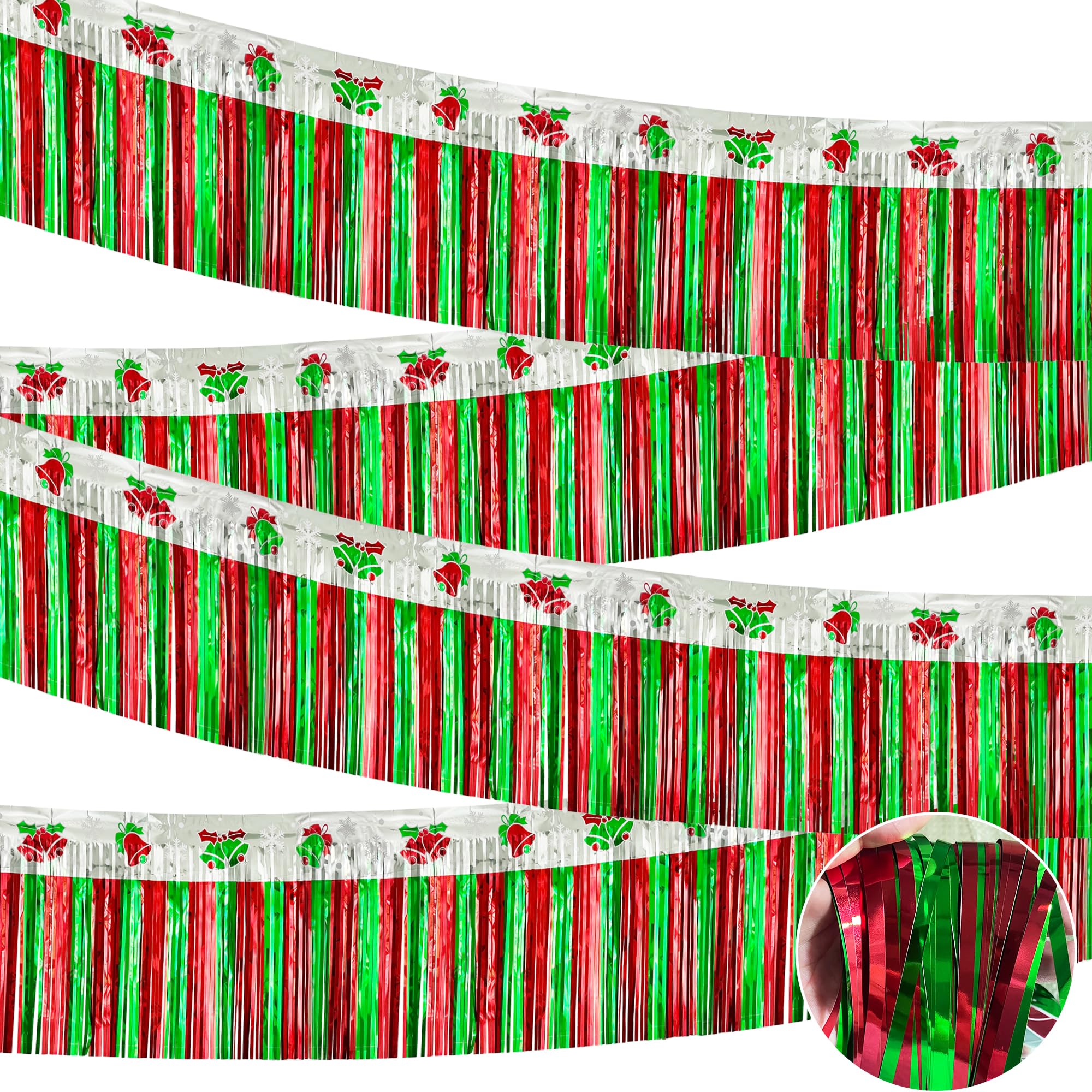 4 Pack 39Ft Christmas Parade Floats Foil Fringe, Each 10 ft x 15'' Red Green Silver Bells Tinsel Streamers Garland Banner Table Skirts for Christmas