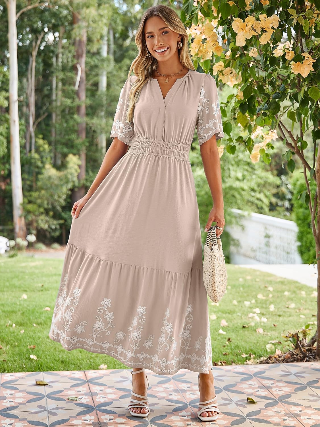 Simplee Women Summer Maxi Dress Formal Short Sleeve Embroidery Floral Boho Wedding Guest Tea Party V Neck Dresses 2026 - Image 2