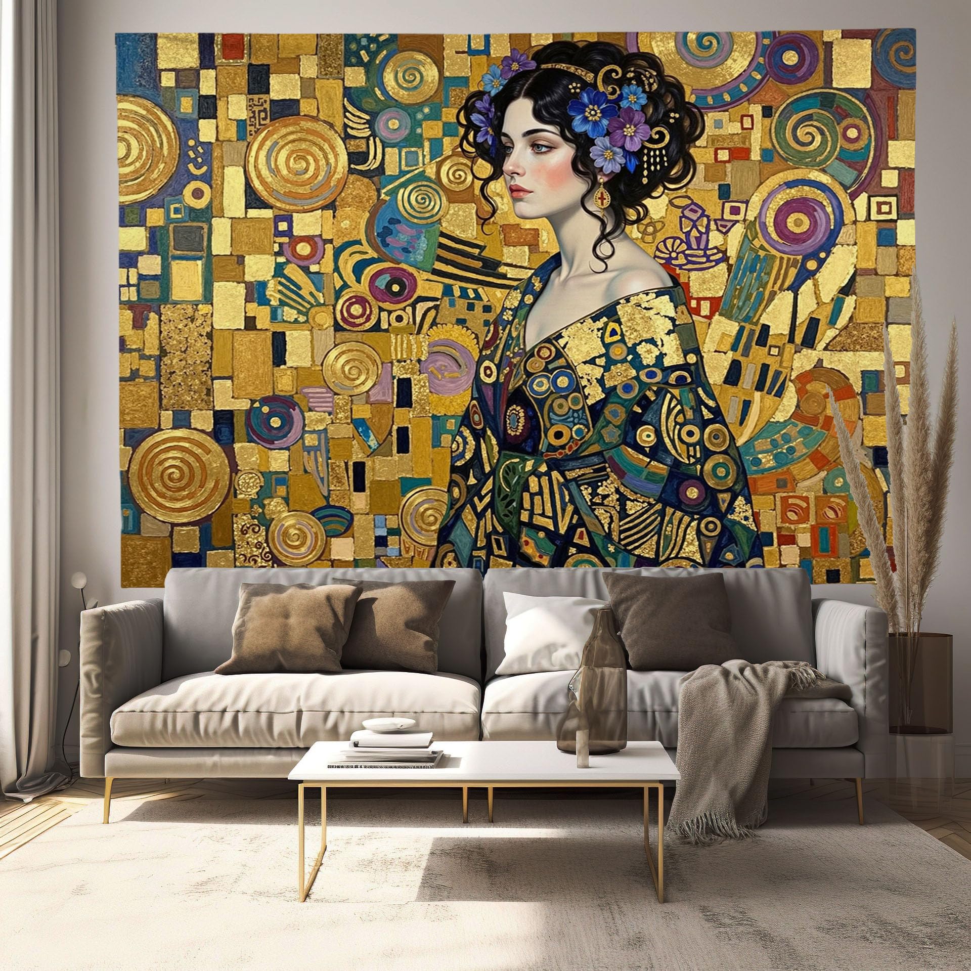 Tapiz grande de pared JRISEMECY de 230x150 cm con diseño de cubos geométricos de Klimt en color oro 8