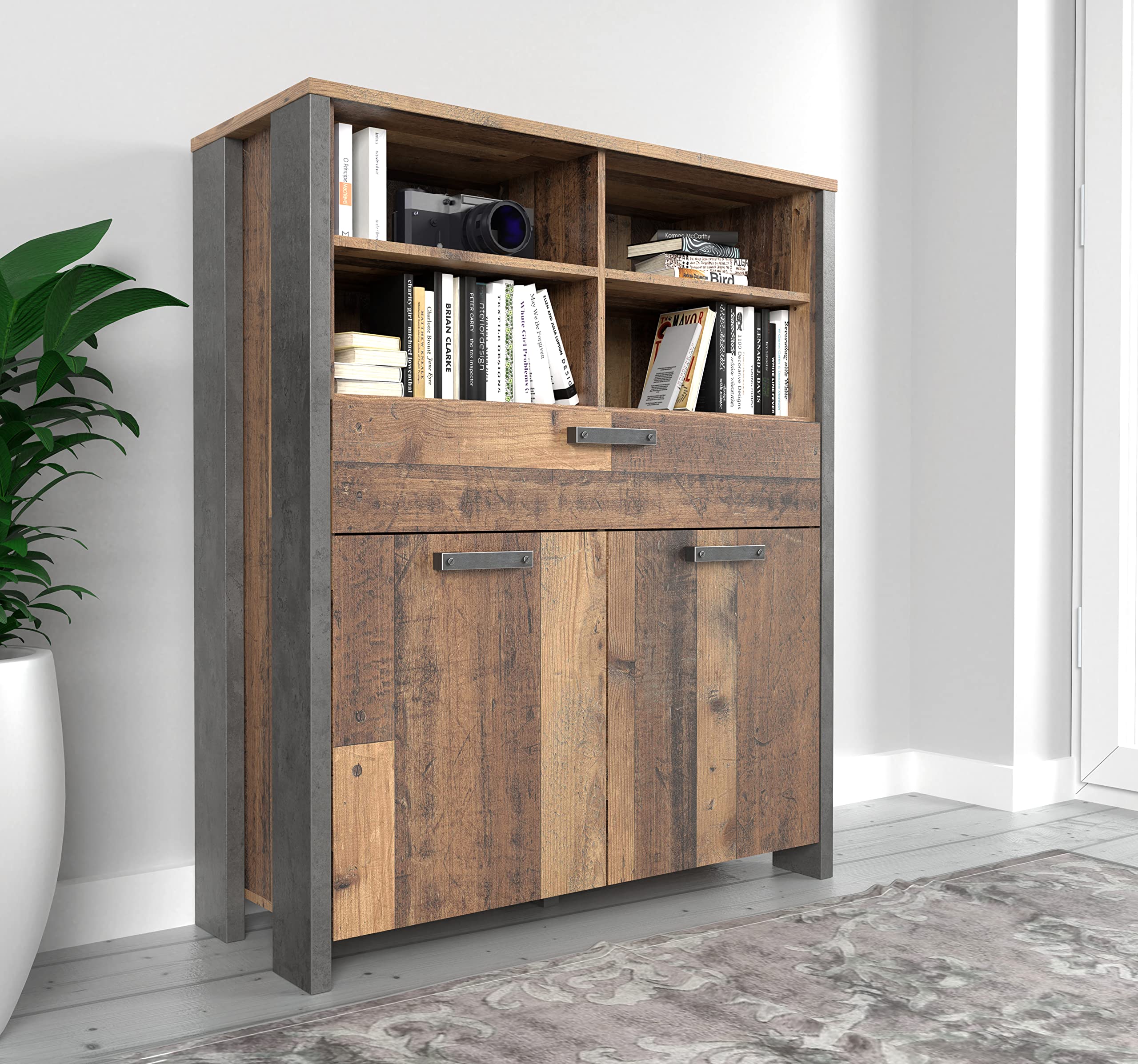 FORTE Clif Kommode mit 2 Türen und 1 Schublade, Holzwerkstoff, Old Wood Vintage/Betonoptik dunkelgrau, 106.7 x 127.9 x 41.6 cm
