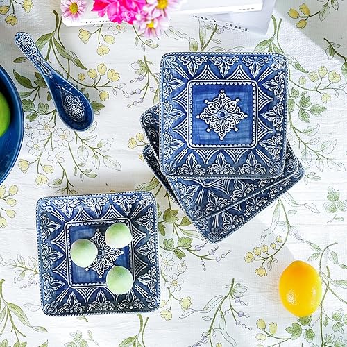 Miniatura 3 de Sungmor Vajilla fina de cerámica en relieve, porcelana de estilo barroco antiguo de 6 pulgadas, platos cuadrados para aperitivos, juego de 4,