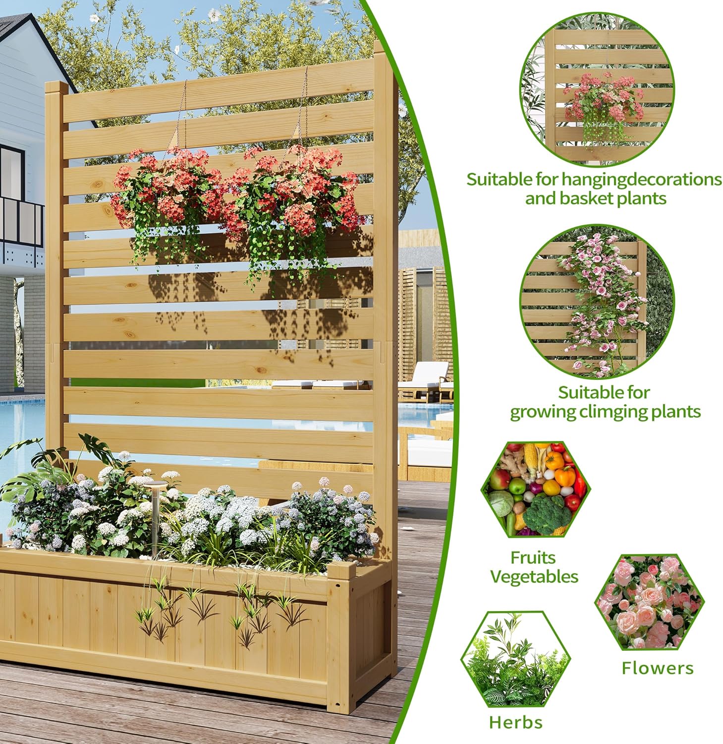 Solid Wood Outdoor Privacy Fence Screen with Planter Box, No-Dig Installation, Drainage Design for Garden, Patio & Backyard