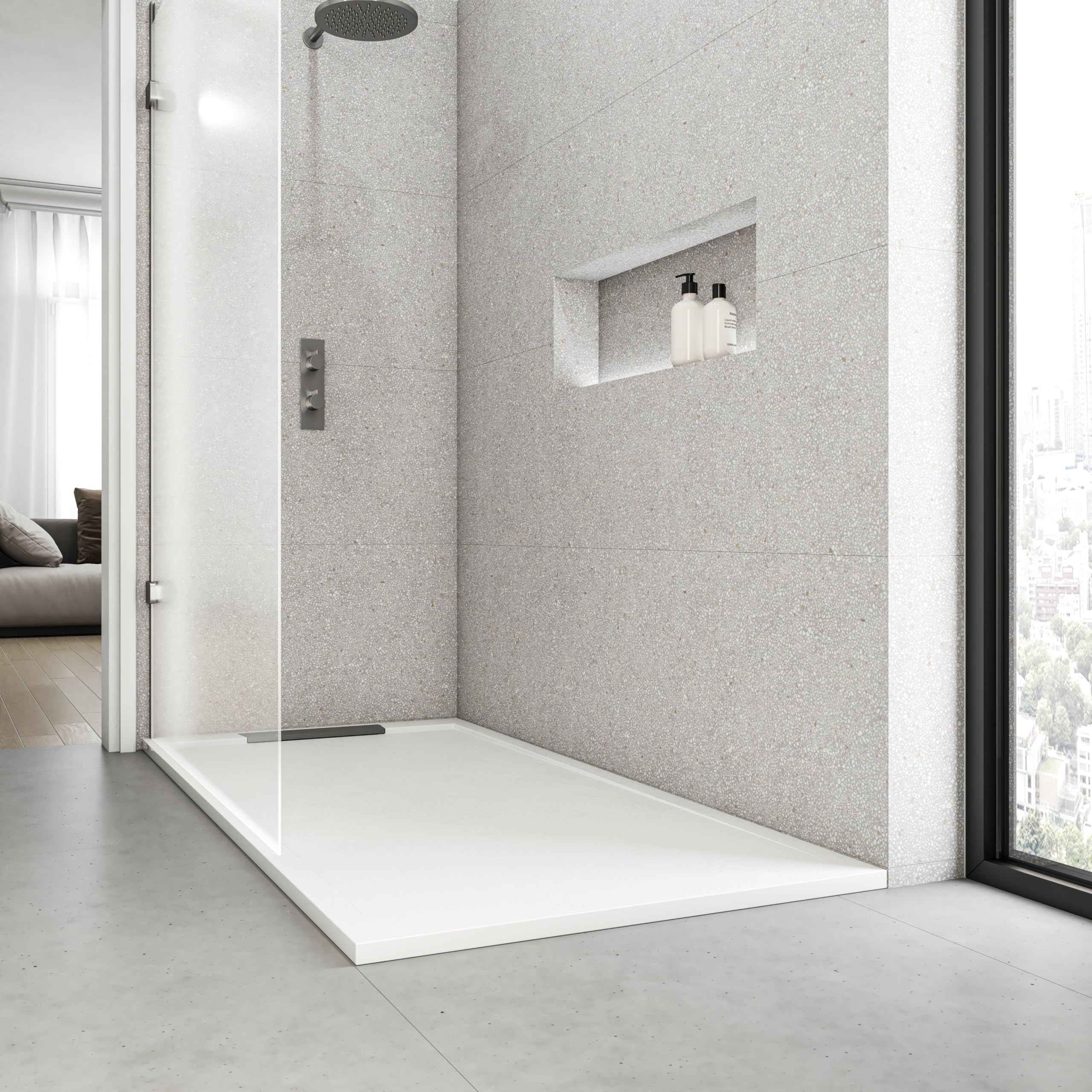 Plato de Ducha Resina Palermo II Antideslizante 70x170 Blanco | Antibacteriano, textura pizarra, válvula 60 l/min incluida, rejilla metálica, fabricado en España, garantía 3 años