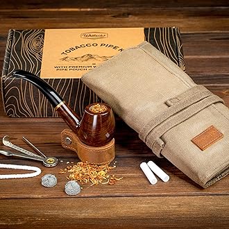 Whitluck's Tobacco Pipe with Waxed Canvas Pipe Roll, Handmade Wood Smoking Pipe with Ultimate Beginner Guide E-Book, Travel Tobacco Pouch - Smoking Gift Set and Accessories
