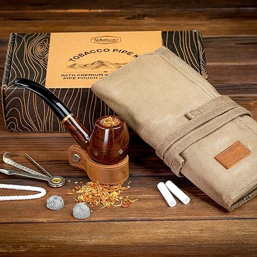 Tobacco Pipe with Waxed Canvas Pipe Roll, Handmade Wood Smoking