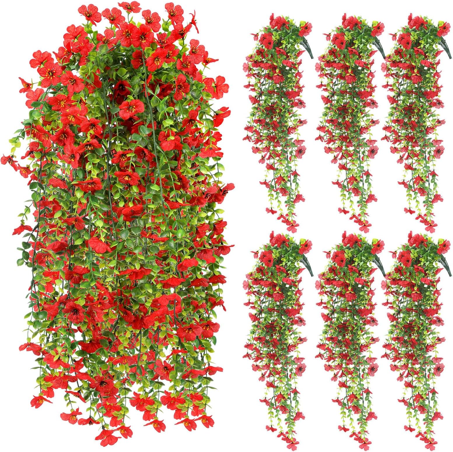 6 Pcs Spring Artificial Hanging Flowers Outdoor Faux Silk Mum Plant Decor Violet with Eucalyptus Realistic UV Resistant Trailing Vine Spring Porch Yard(Red,Violet)