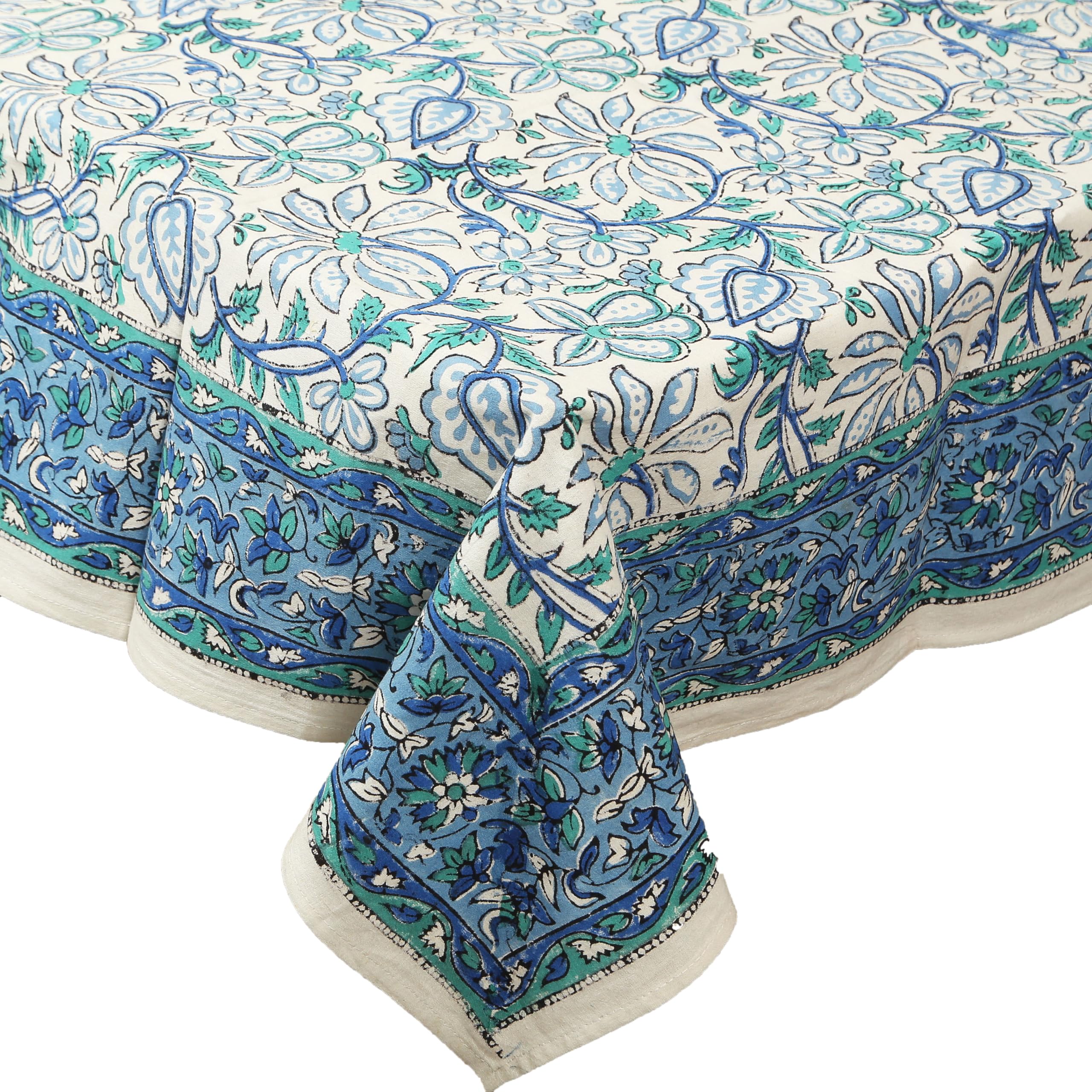 Photo 1 of India Arts Hand Block Print Tablecloth 72x72 Square, 100% Cotton Blue Green Floral Table Cloth for Kitchen Dining Linen, Weddings, Holiday Party, Restaurant, Spring/Summer/Fall Home Decor
