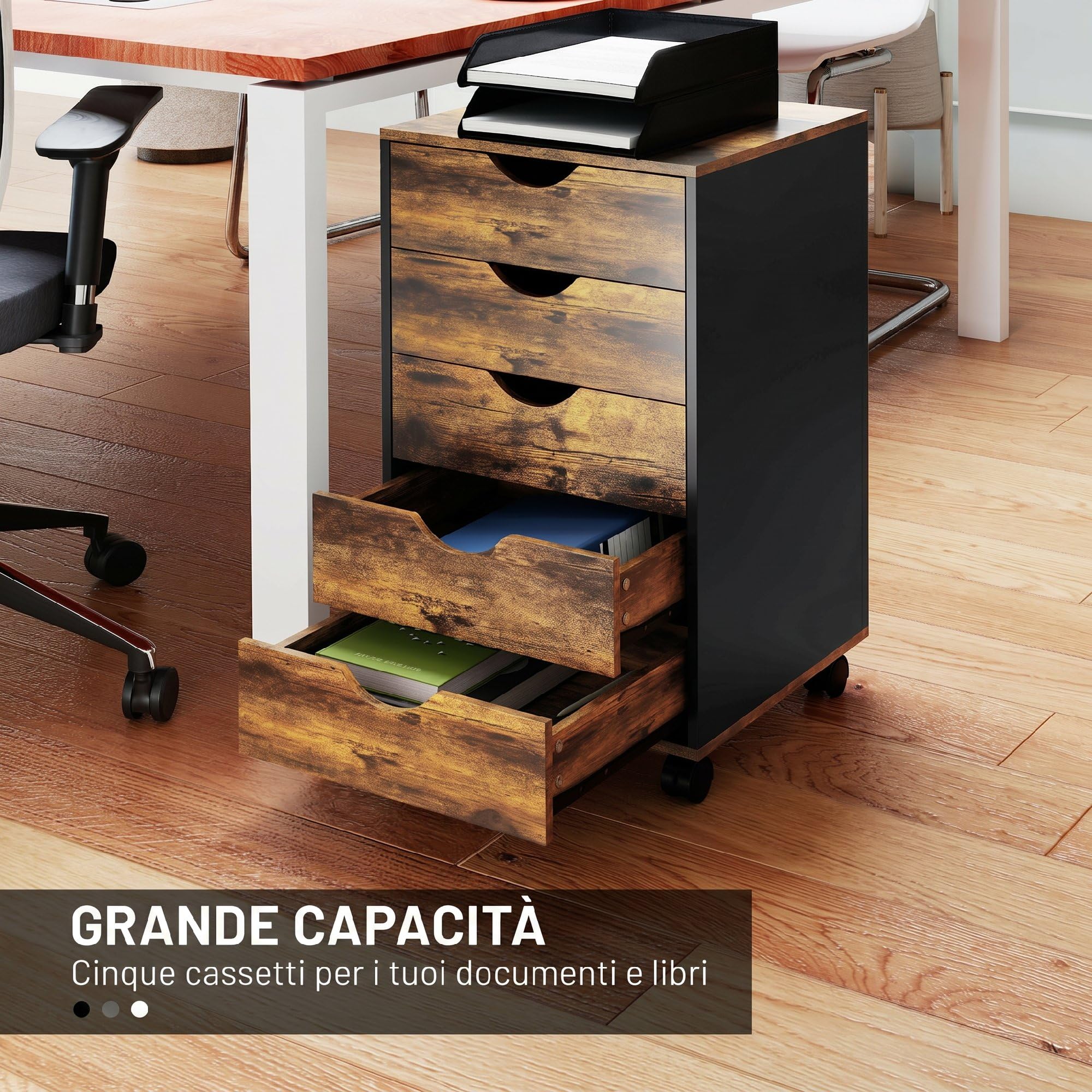HOMCOM Schedario da Ufficio 5 Cassetti Ruote a Freni 40x40x67 cm Marrone | Cassettiera Ufficio per Lettera/Formato A4, Armadietto Verticale per Studio