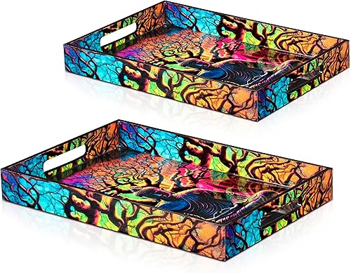Miniatura 6 de Crocon Juego de 2 bandejas rectangulares decorativas con estampado esmaltado de Buda, color negro
