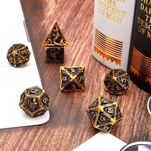 Miniatura 5 de Juego de dados de metal hueco para DND con forma de dragón tallado en oro antiguo, juego de 7 piezas para Dungeons and Dragons RPG MTG, juegos de
