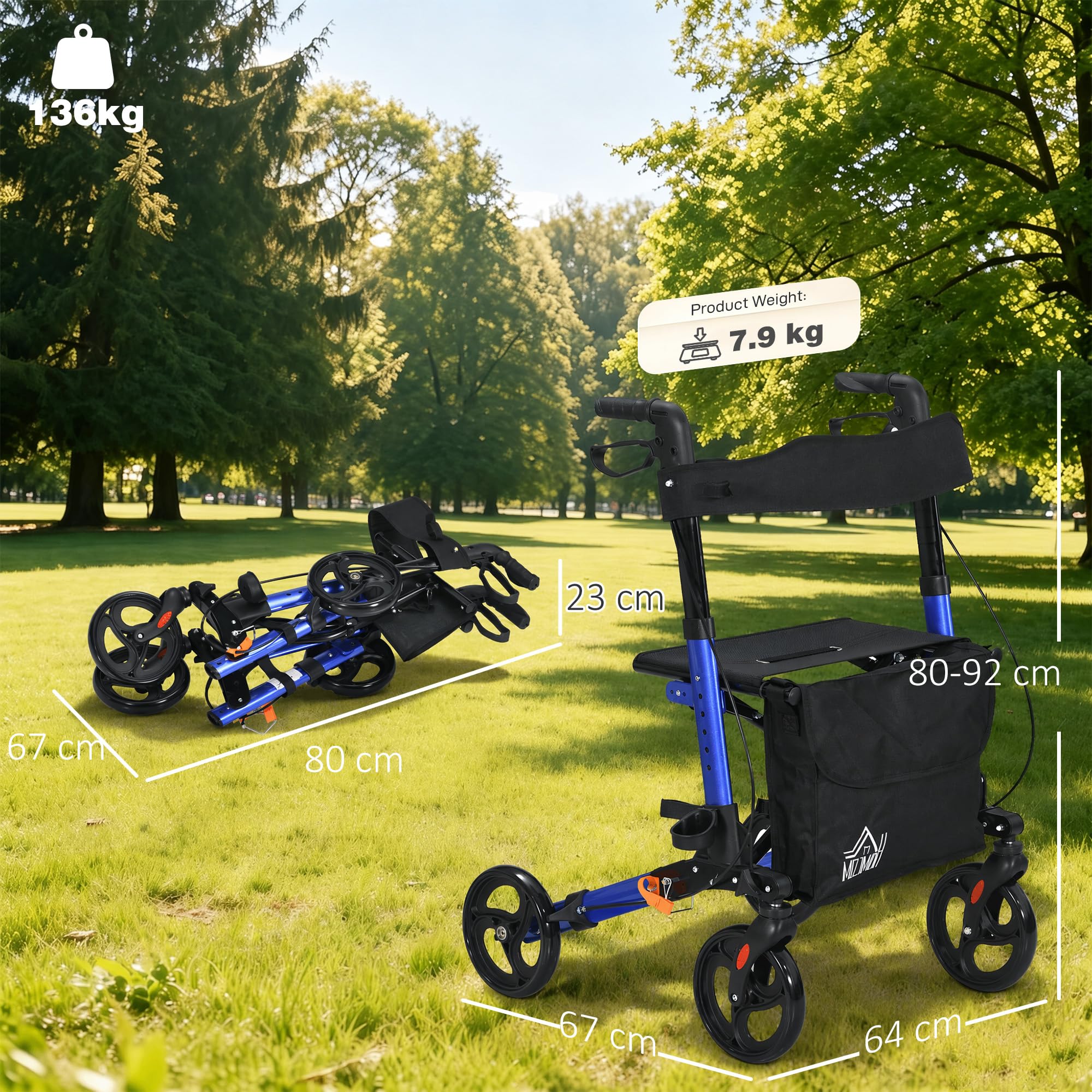 HOMCOM Andador de 4 ruedas con asiento y respaldo, andador plegable de movilidad con bolsa de transporte, altura ajustable, frenos duales, soporte para bastón, marco de aluminio ligero para personas