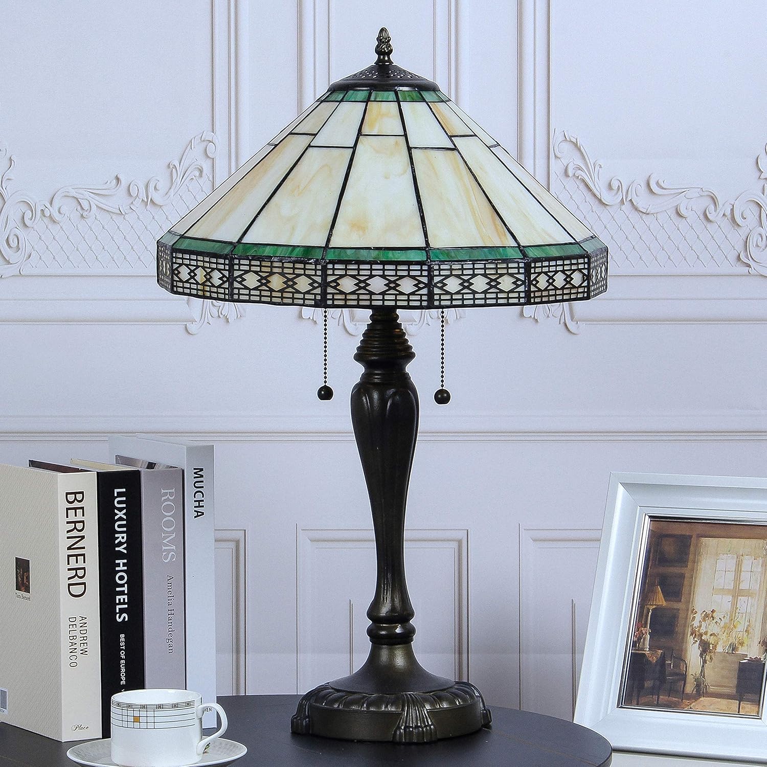 Get Cheap Price Speculo Lighting Tiffany Table Lamp W16H25 Inch Yellow Hexagon Lattice Stained Glass Shade Antique Brass Finish Metal Lamp Base for Living Room Bedroom Study Bar Antique Art Craft Gift