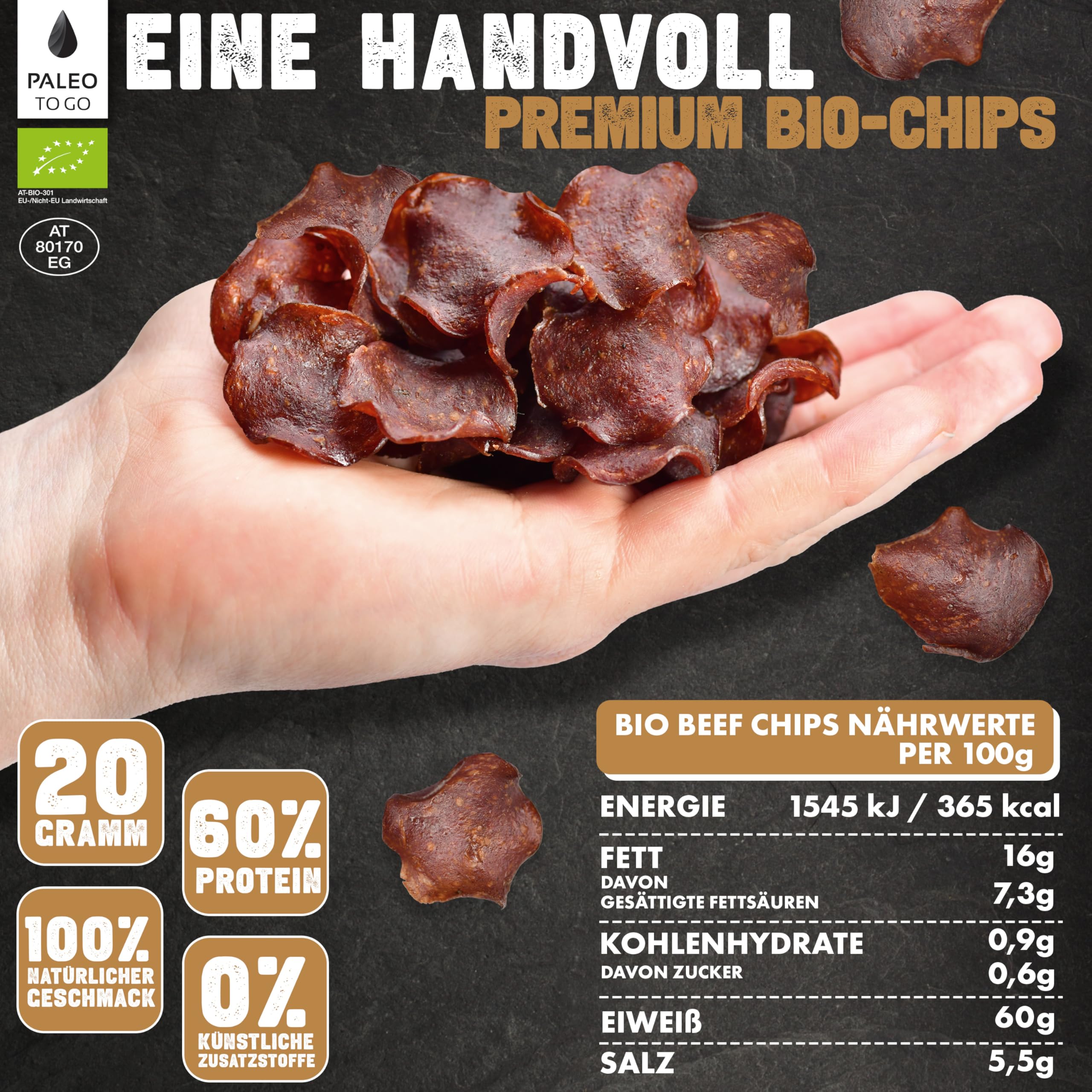 PALEO TO GO Bio Beef Snack Bundle, Beef Jerky und Beef Chips aus Bio Rindfleisch, High Protein Trockenfleisch, Low Carb Eiweiß Snack, Made in Austria, ohne Konservierungsstoffe