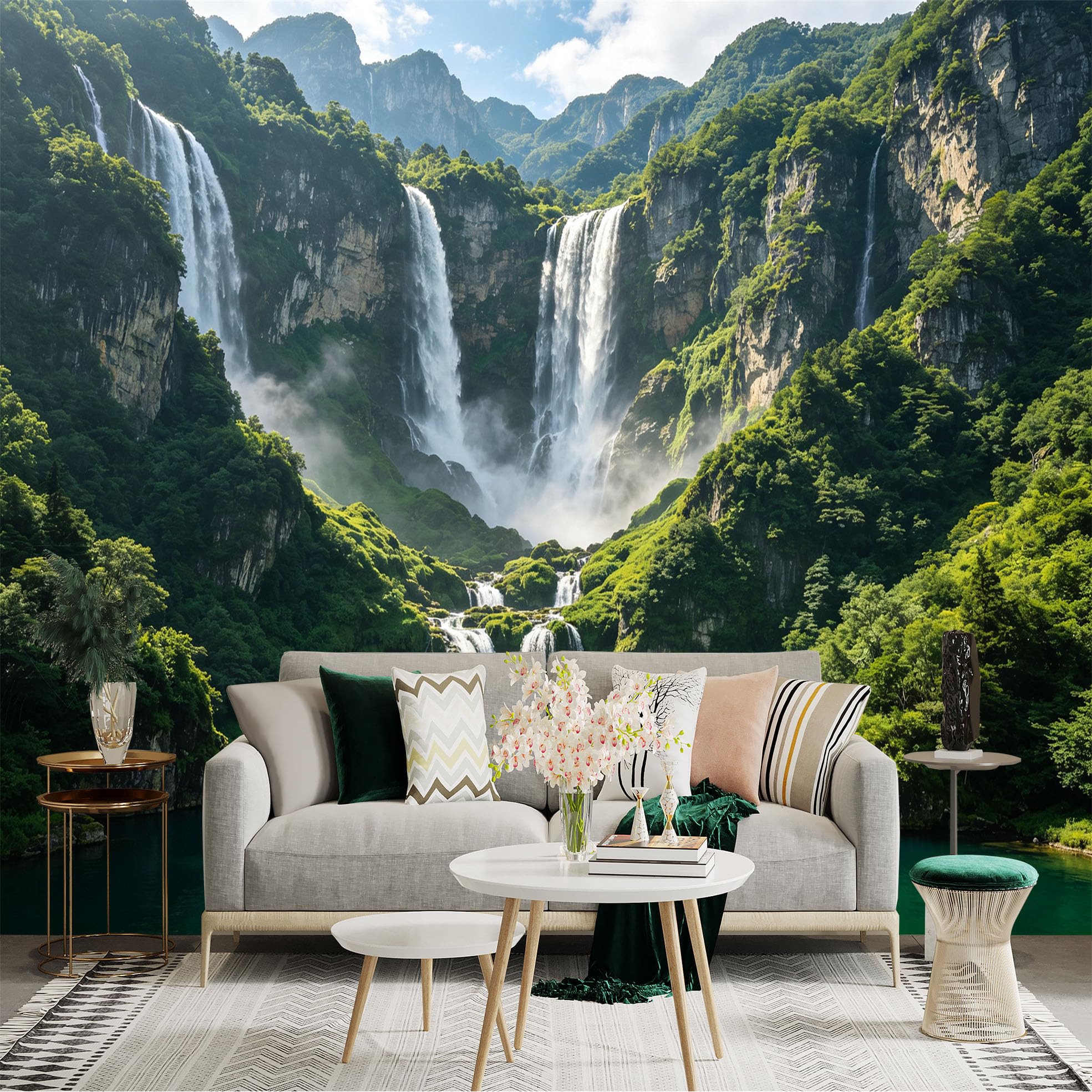 Custom Size Wall Sticker Mural， Majestic Waterfall in Lush Green Mountains， Tropical Rainforest Scenery， Natural Blue Lake View， for wall Decoration， peelandstick wall Decals.
