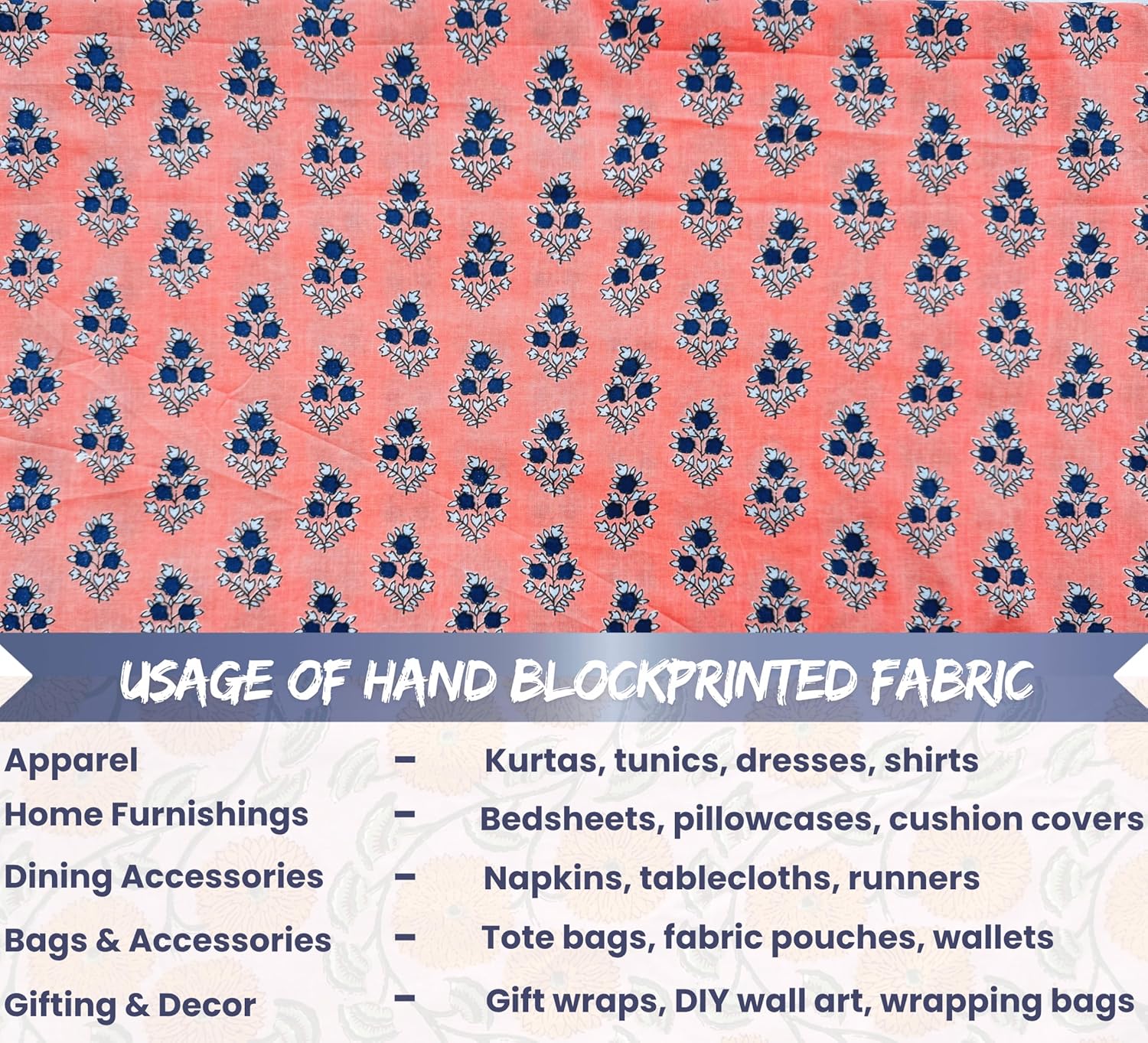 Indian Hand Block Print 60/60 Peach 100% Cotton Fabric by The Yard, Lightweight Floral Quilting & Sewing Fabric for Dressmaking, Upholstery & DIY Craft (TS-166 Peach, 5 Yard Pre Cut)