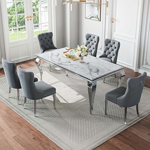 Vista 3 de Juego de mesa de comedor de mármol para mesa de cocina de mármol sintético blanco de 6,70 pulgadas y sillas de terciopelo para 6,7 piezas de mesa