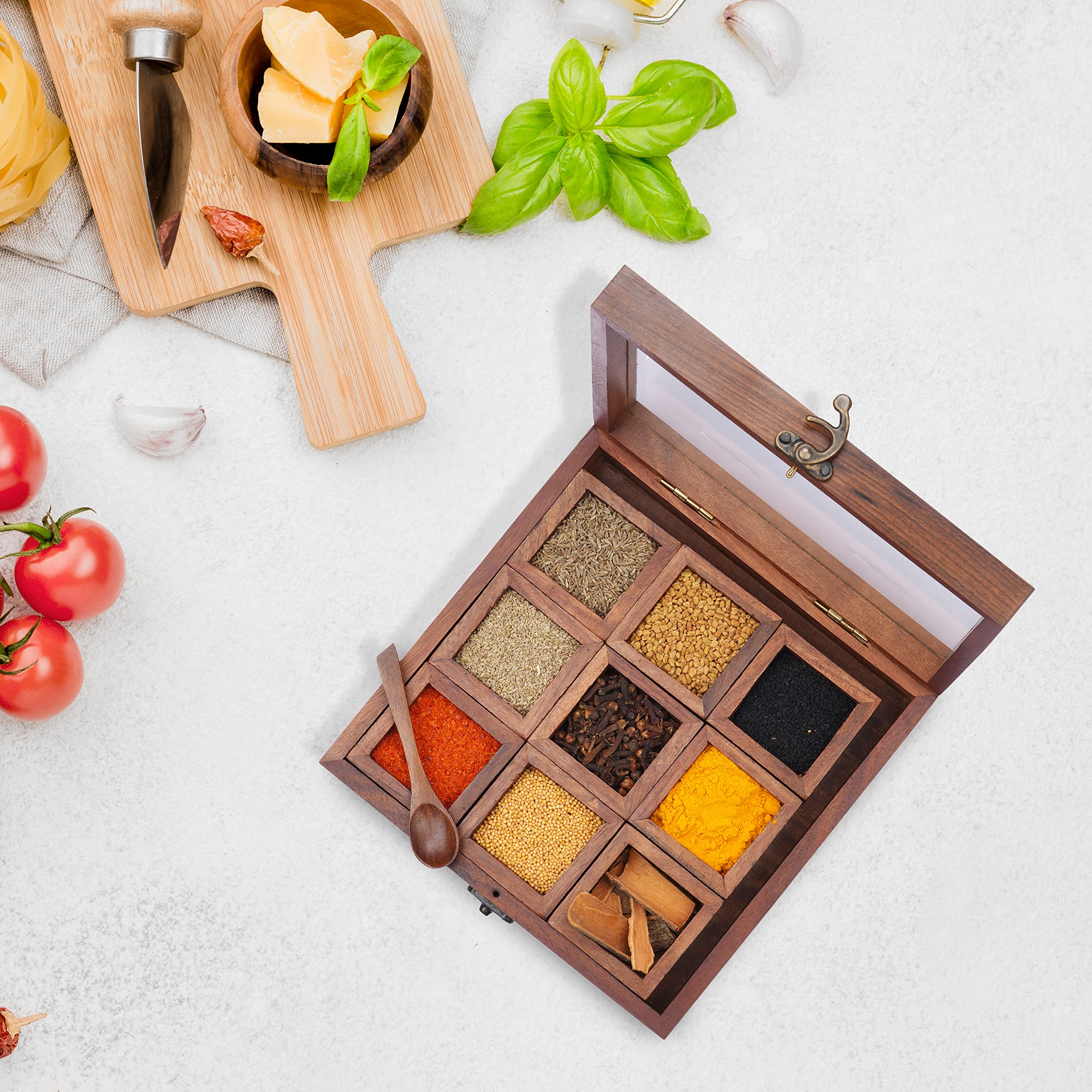 Ajuny Scatola Porta Spezie in Legno 9x9 pollici - Organizer Decorativo per Masala Dabba con Coperchio in Vetro, 9 Scomparti e Cucchiaio, Ideale per Condimenti ed Erbe Aromatiche, Regalo