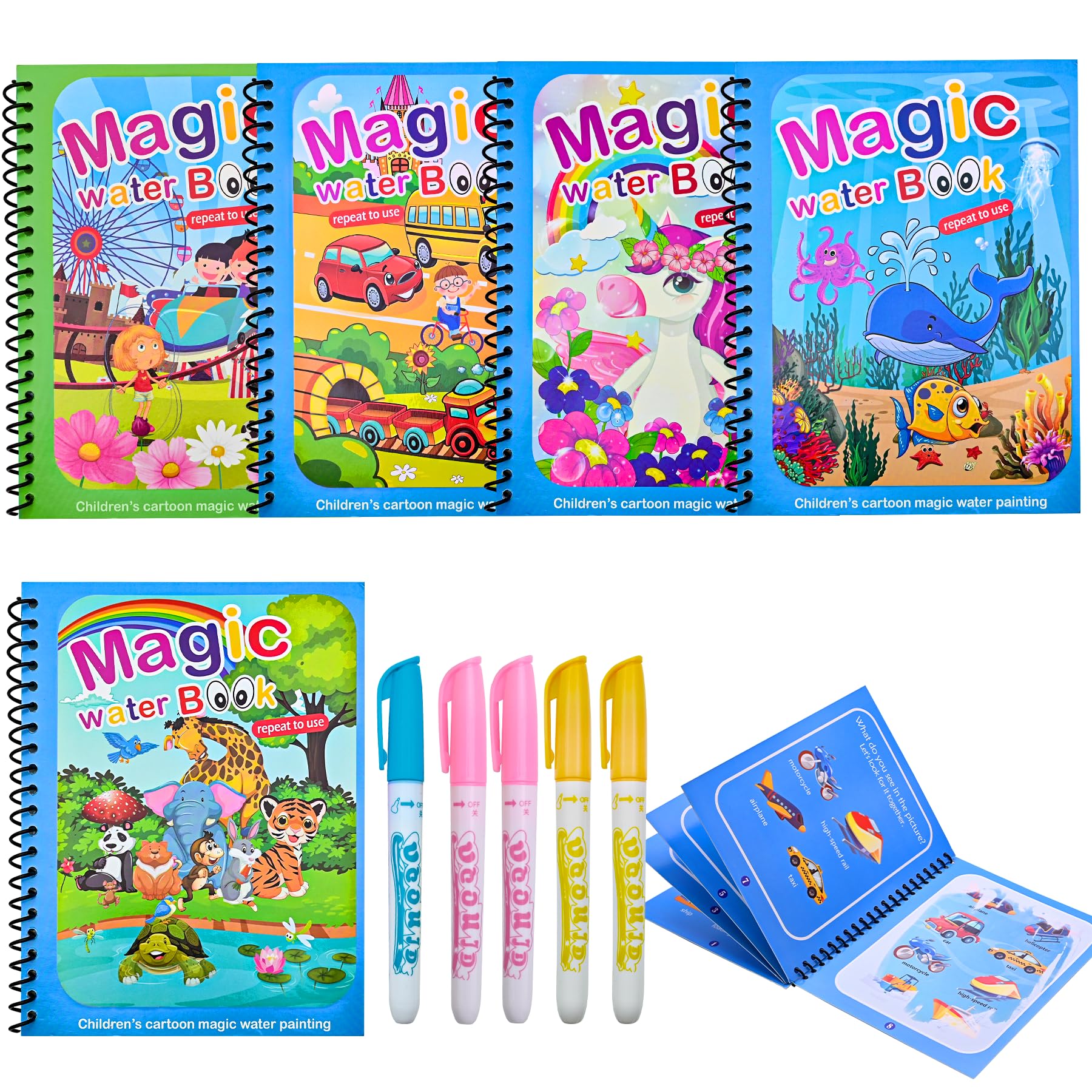 Water Magic Colouring Book 5Pcs Water Painting Books Reusable Water Colouring Books for Children Mess Free Magic Painting Books with Water Pens for 3 4 5 6 Year Old Kids Boys Girls, Style A