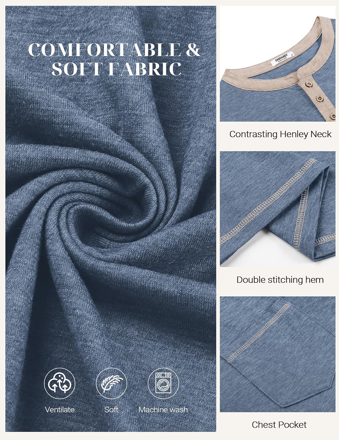 COOFANDY Mens Henley Shirts Short Sleeve Casual Button T-Shirts Basic Tee Shirts Summer Vintage T Shirts with Pocket - Image 5