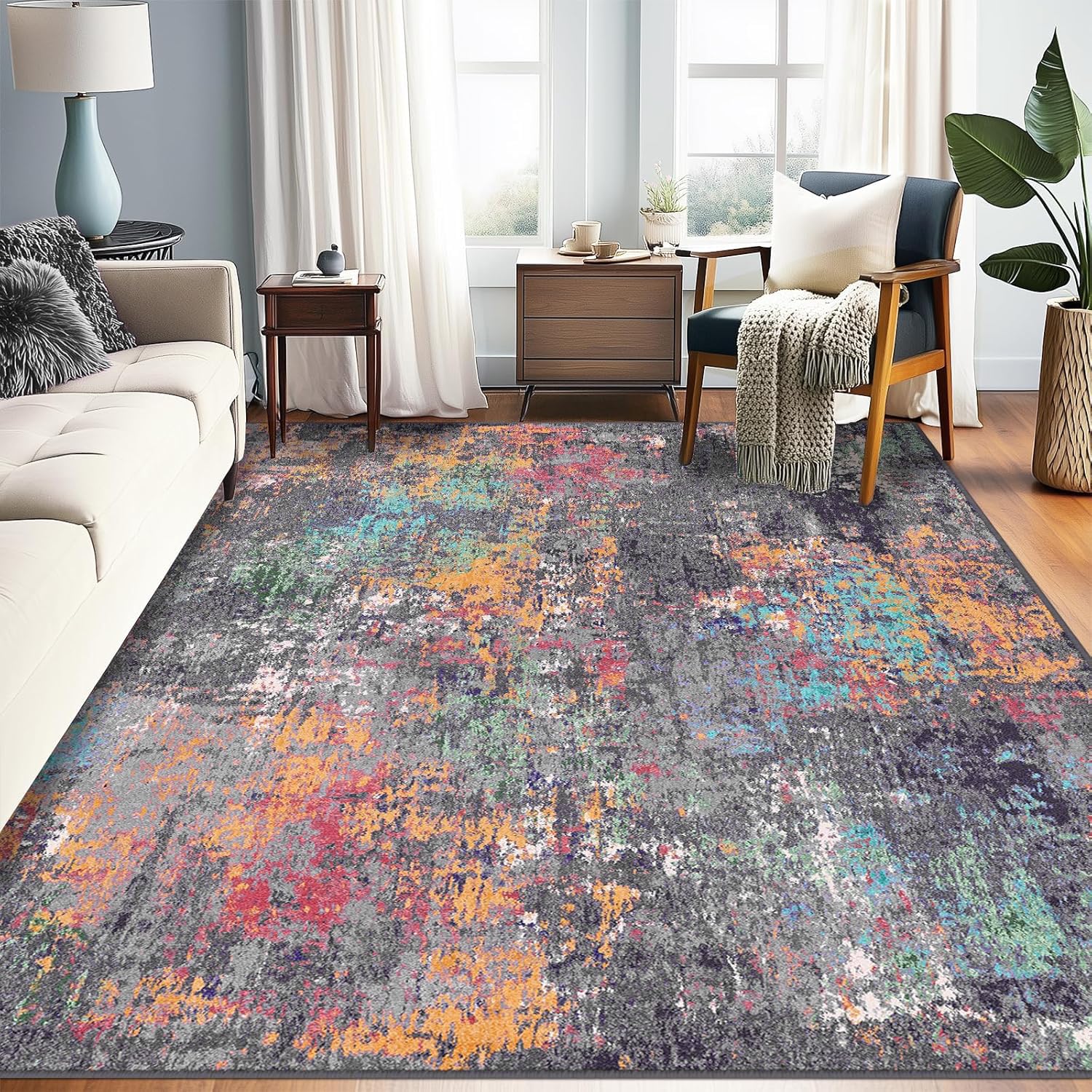 Générique Tapis de décoration,Abstrait Multicolore Gris, Orange, Rouge, Turquoise, Blanc, 150 x 220 cm, Tapis pour Salon, Chambre à Coucher, Salle à Manger, décoration intérieure