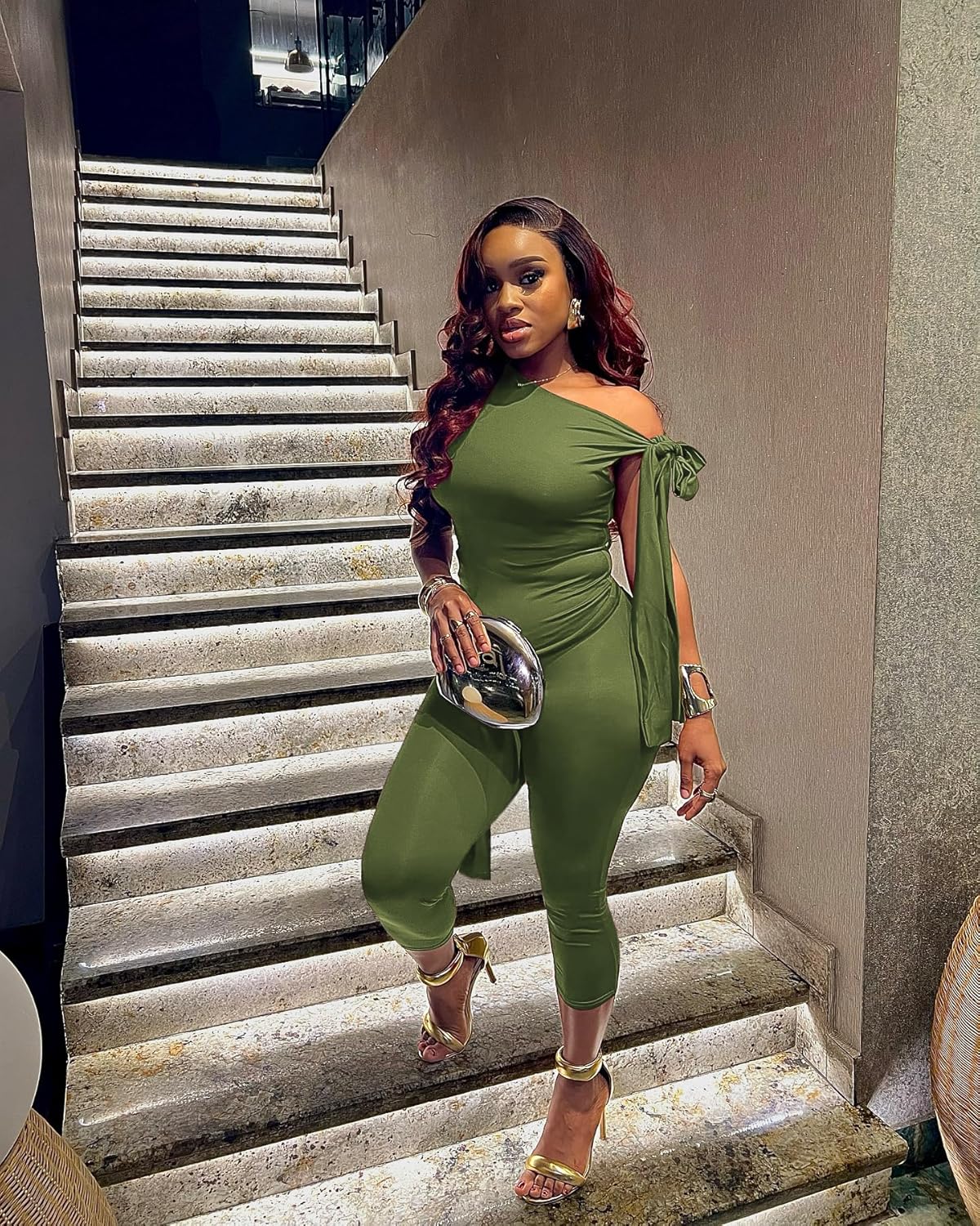 Elainone Capri Sets Women 2 Piece Outfits Sexy One Shoulder Sleeveless Crop Tops Bodycon Pant Sets - Image 4