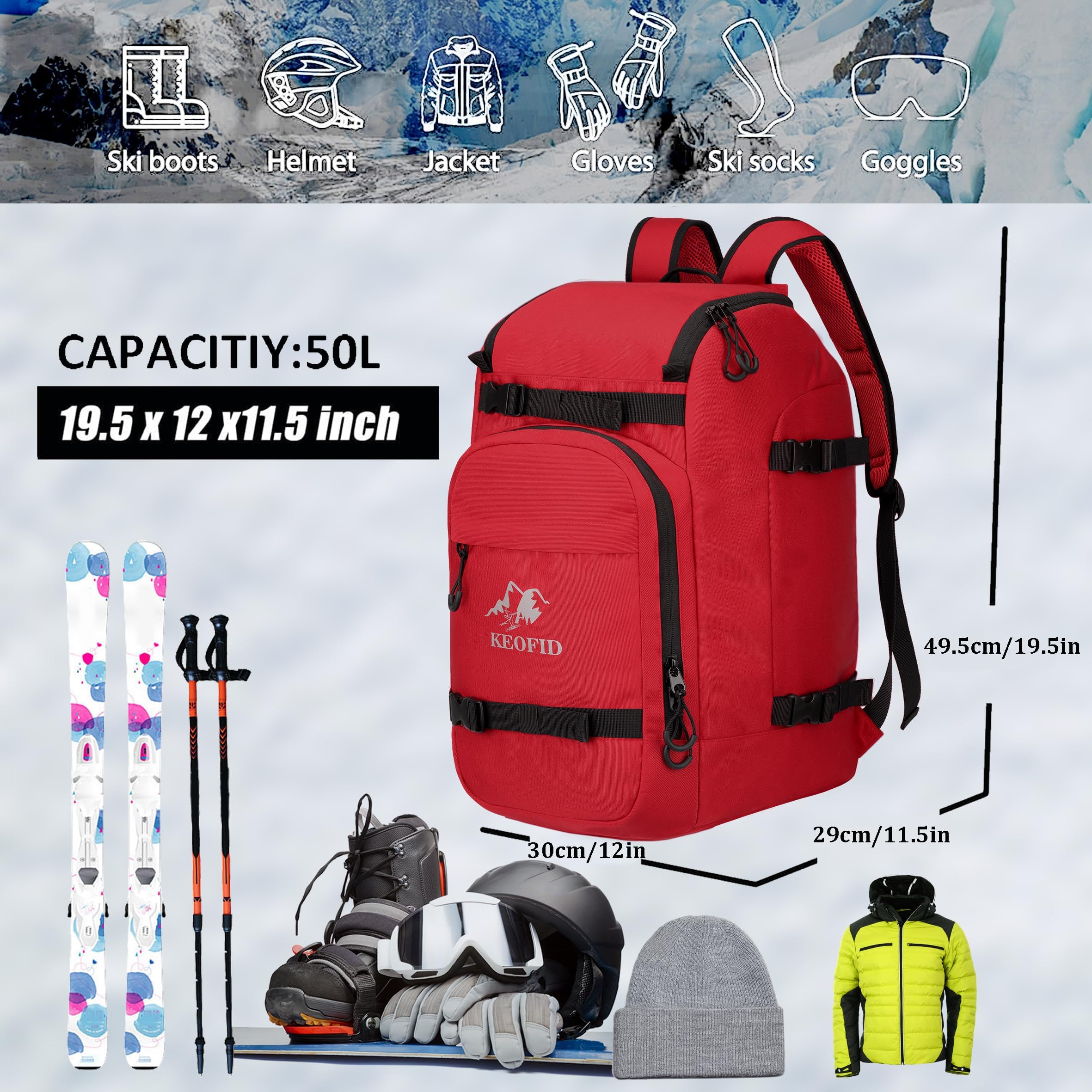 KEOFID Ski Boot Bag for Men and Women, 50L Ski Travel Backpack and Snowboard Bag