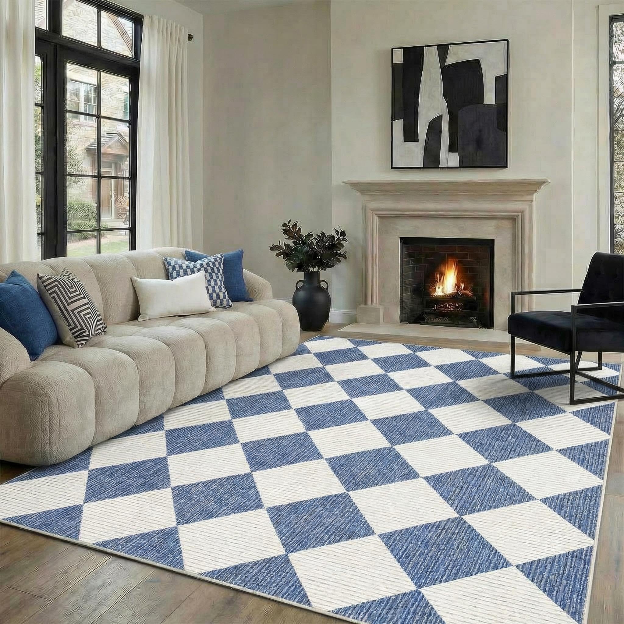 GarveeHome 5x7 Modern Checkered Area Rug, Navy Blue Washable Rugs for Living Room Bedroom, Soft Low Pile Non Slip Diamond Floor Mat Plaid Print Throw