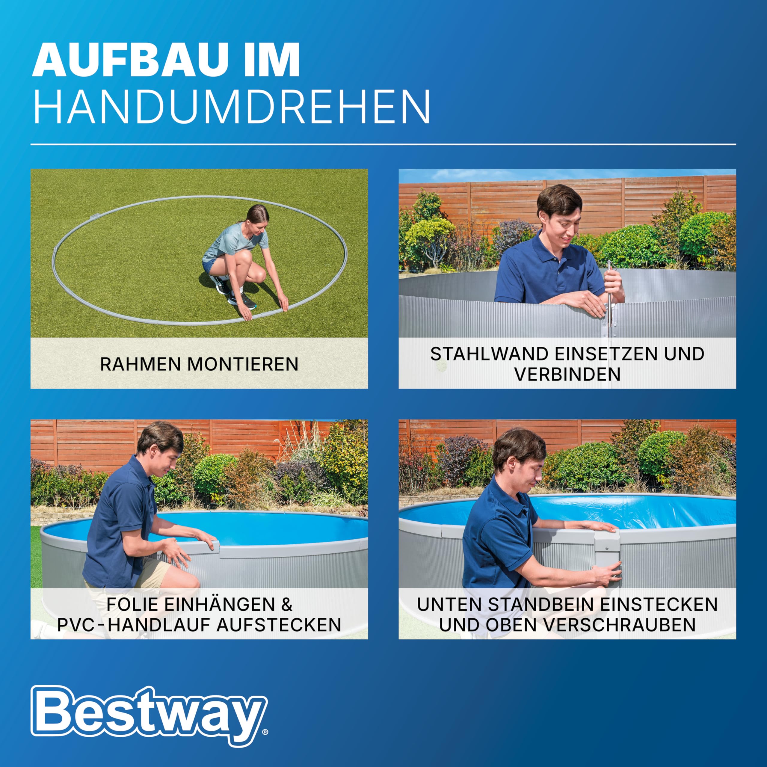 Bestway Stahlwandpool Set 305 x 61 cm, Rund, Grau – Aufstellpool mit Filterpumpe für den Garten, 3790 Liter Gartenpool im Industrial-Look