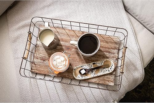 Miniatura 7 de Stonebriar Juego de 2 cestas rectangulares apilables de alambre de metal y madera con asas envueltas en cuerda, decoración rústica para