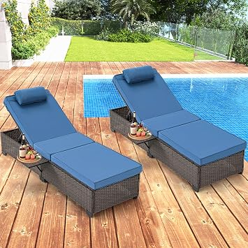 PE Wicker Chaise Lounge Chairs Set of 2,Adjustable 5 Position Outside Rattanr Patio Pool Chair with Headrest,Cushion and Storage Rack for Poolside Backyard Porch, Blue