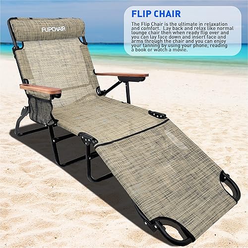 Miniatura 5 de EasyGo Product FLIP - Tumbona para patio con agujeros para la cara y los brazos, 4 patas, soporte de material textileno, 6 posiciones, almohada