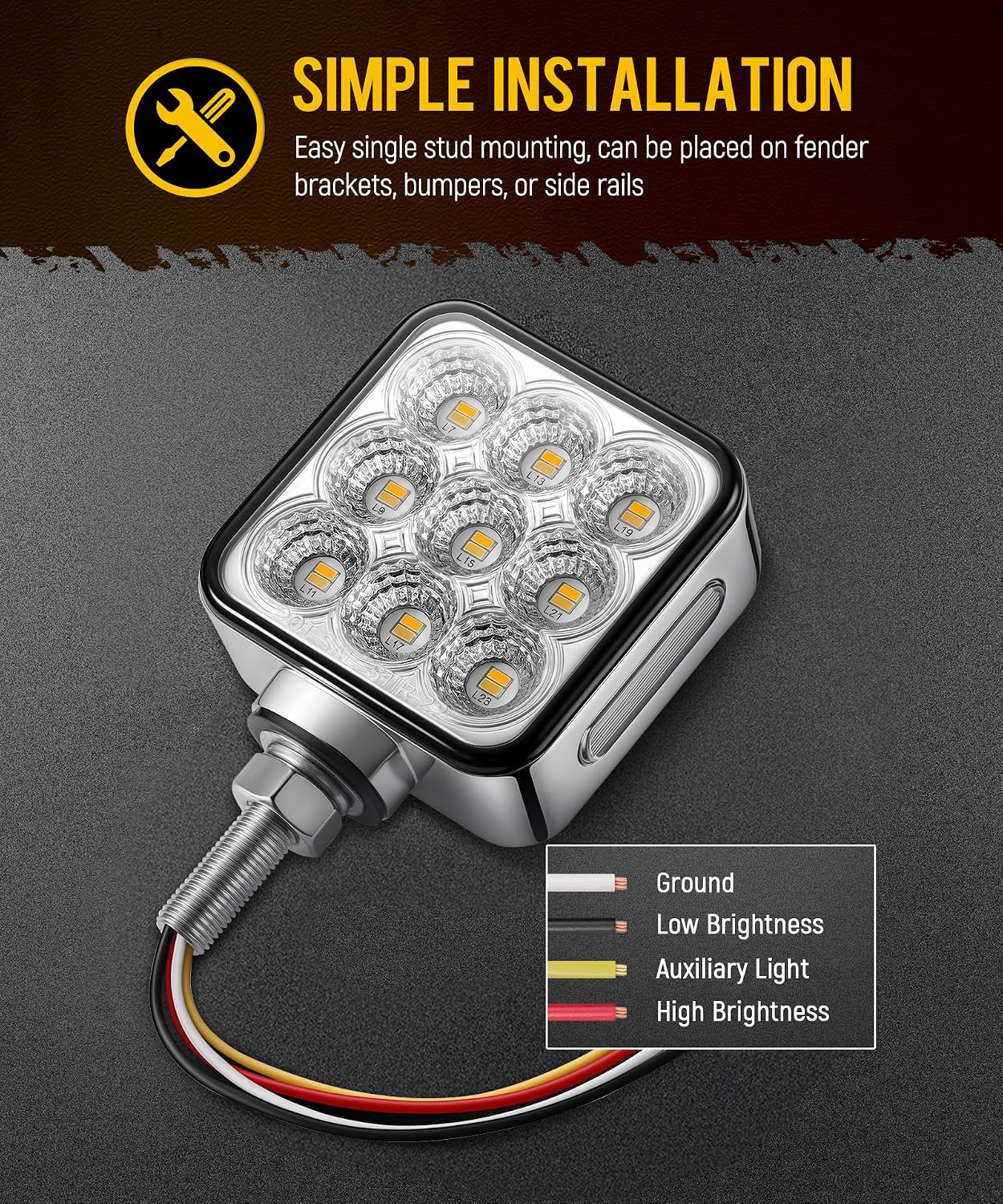 Partsam 2Pcs 3 inch Square Double Face 30LEDs Turn Signal Pedestal Fender Light, Amber/Red To Purple Auxiliary Lights for Semi Truck, T-Mount, Clear Lens