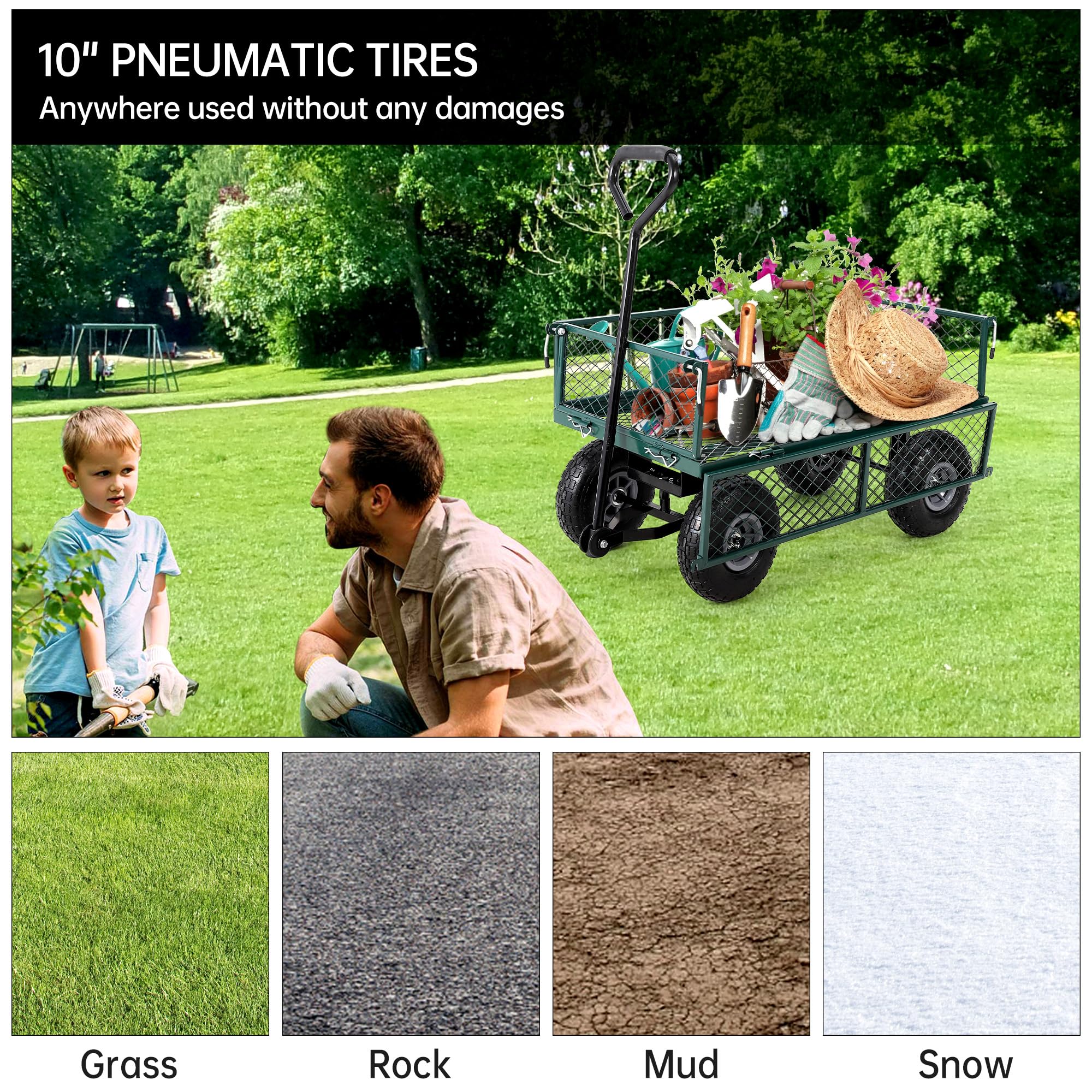 Chariot de Jardin Robuste en Acier – Plateau Pliable Multifonction – Côtés Amovibles – Roues pneumatiques 25 cm – Poignée 2-en-1 – Capacité 225 kg – Idéal pelouse, Plage, paysagisme – Vert,
