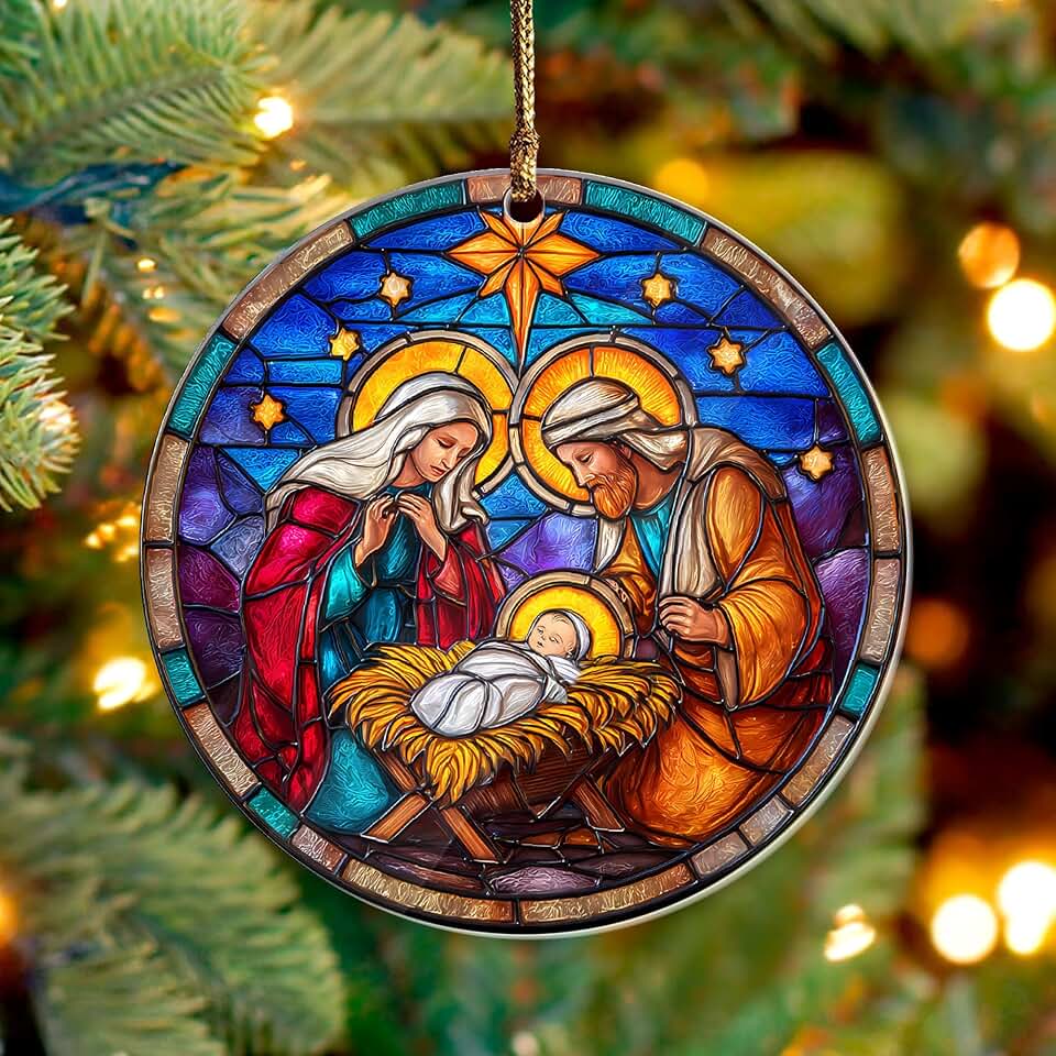 Enfeite de Presépio de Natal 2025, Efeito de Vitral da Sagrada Família, Ornamento Acrílico de 9 cm, Enfeites de Bebê Jesus para Decoração de Árvore de Natal - Religiosos Católicos, Presentes Cristãos