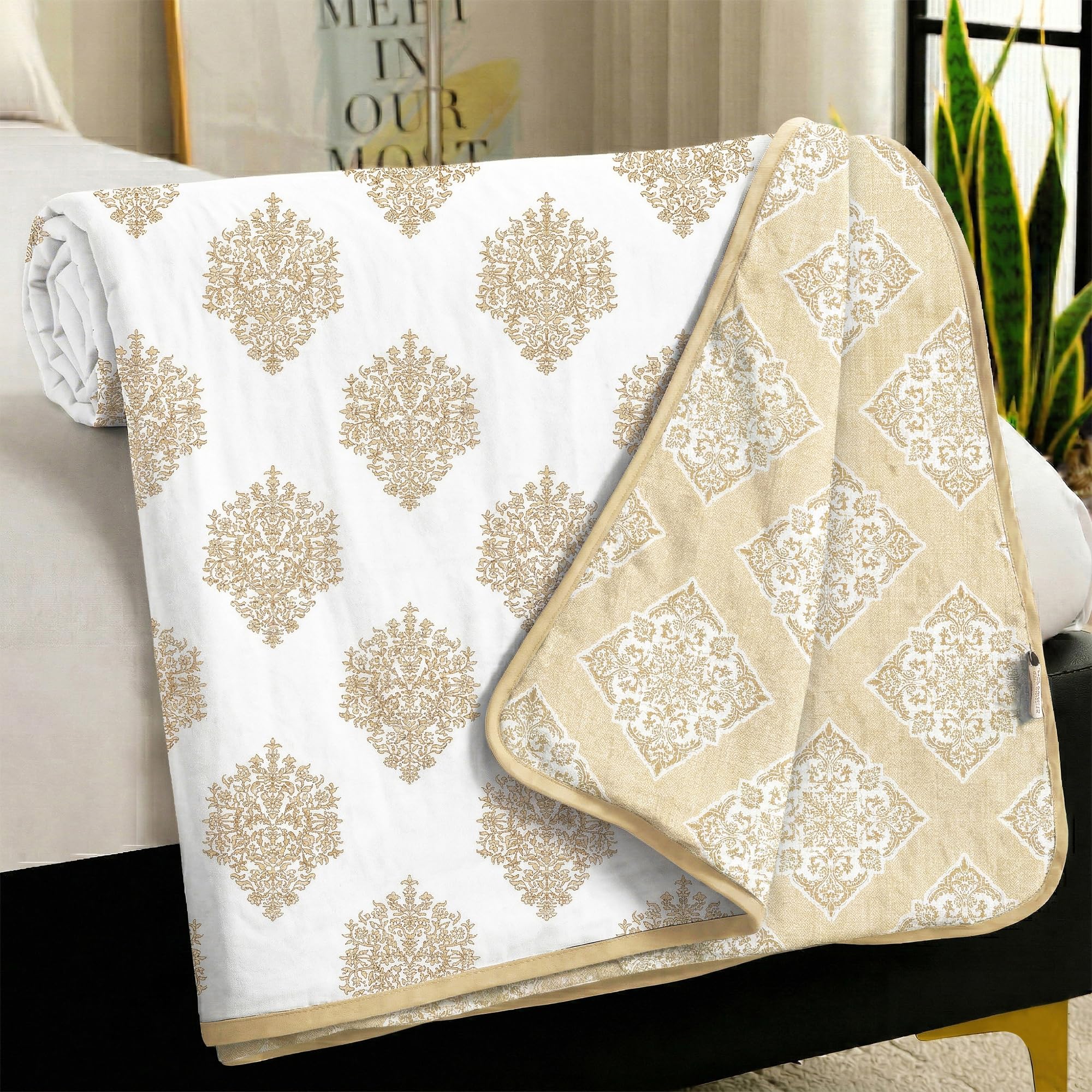 Story@Home Dohar Single Bed Cotton 100% | 150GSM 144 X 220 CM Quilt AC Blanket for Summer | AC Comforter Single Bed | White & Cream, Damask Reversible Design Duvet | All-Season Blanket